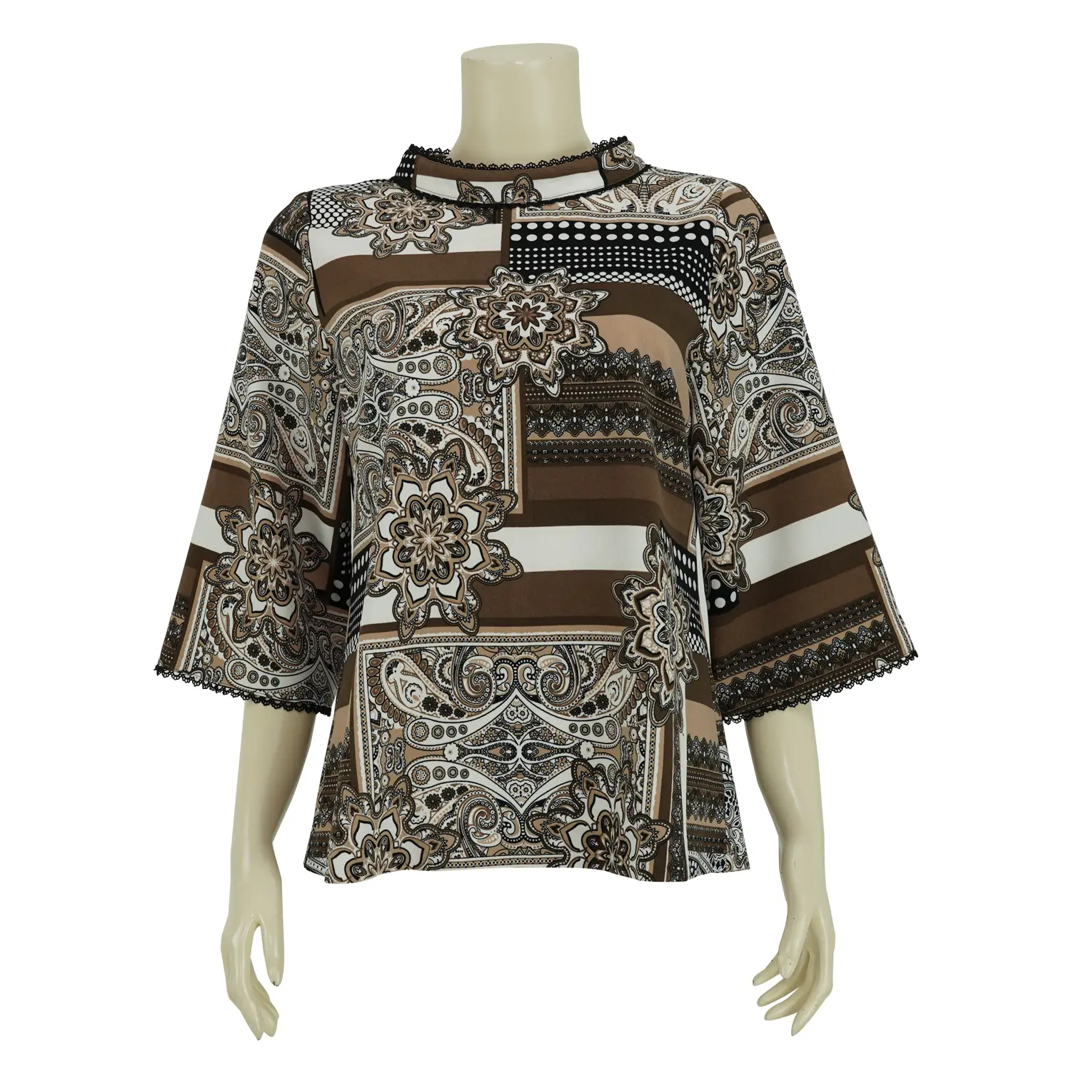 เสื้อสตรีคอตั้ง แขนยาว 4 ส่วน ผ้าพิมพ์ลายเพสลีย์แพทช์เวิร์ค - Image 2