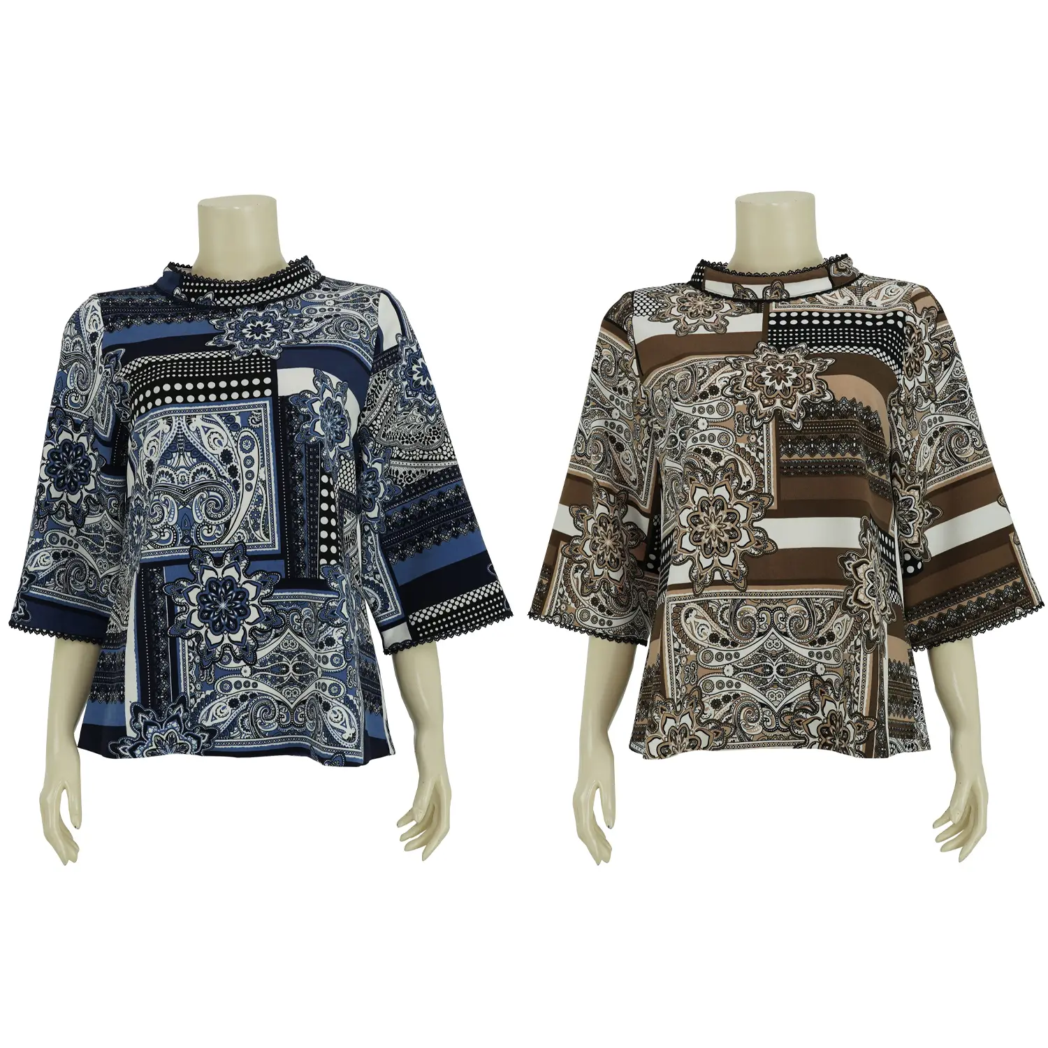 เสื้อสตรีคอตั้ง แขนยาว 4 ส่วน ผ้าพิมพ์ลายเพสลีย์แพทช์เวิร์ค