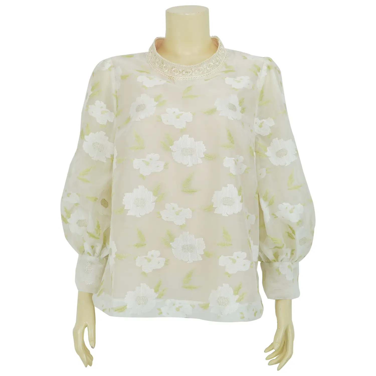 เสื้อสตรีคอตั้ง แขนพอง แต่งเทปลูกไม้รอบขอบคอ ผ้าปักลายดอกไม้ - Image 2