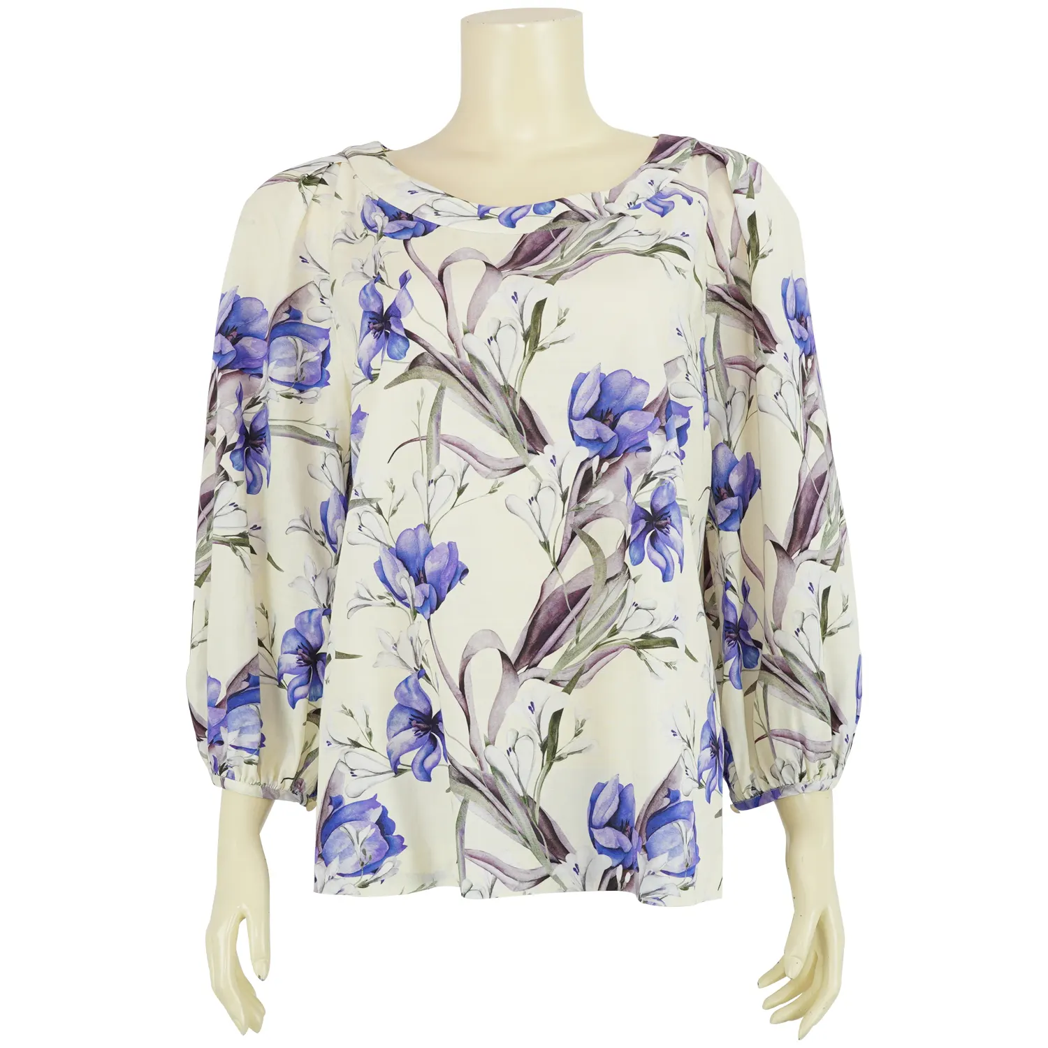 เสื้อสตรีคอปาด แขนพองยาว 5 ส่วน ผ้าลินินพิมพ์ลายดอกไม้