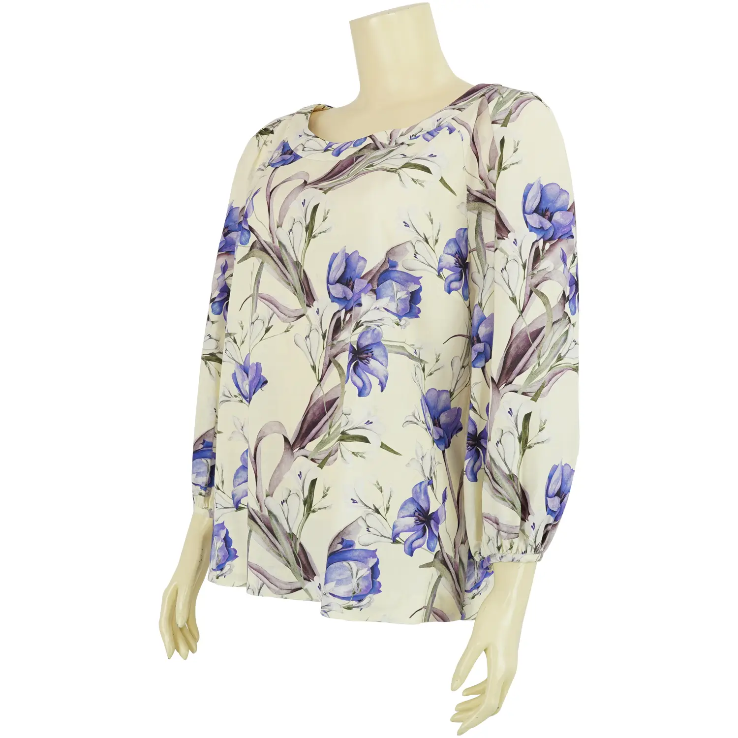 เสื้อสตรีคอปาด แขนพองยาว 5 ส่วน ผ้าลินินพิมพ์ลายดอกไม้ - Image 2