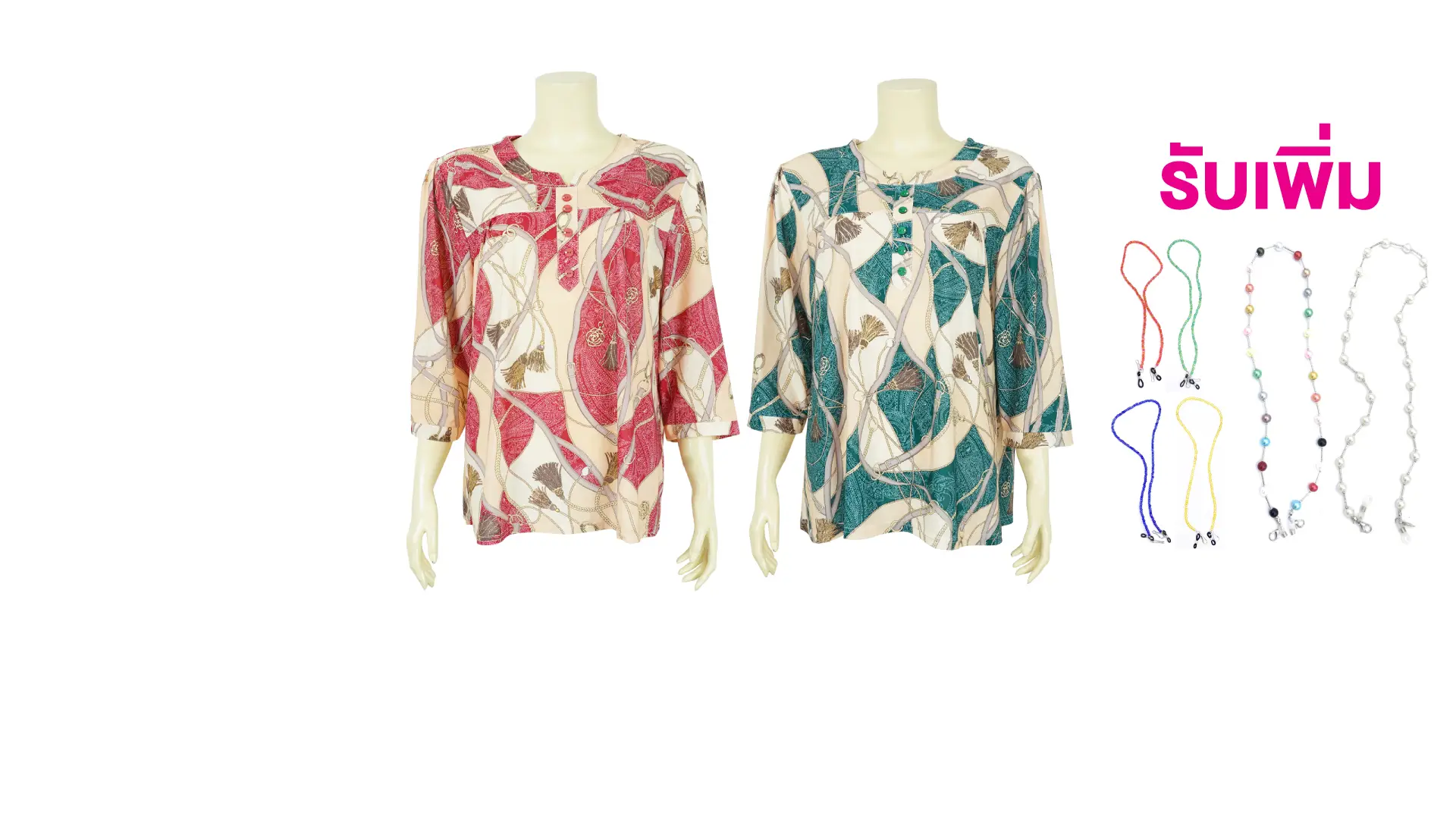 เสื้อสตรีคอกลม แขนกระบอก ยาว 4 ส่วน ผ้าพิมพ์ลาย แต่งขอบทองสไตล์วินเทจ - Image 8