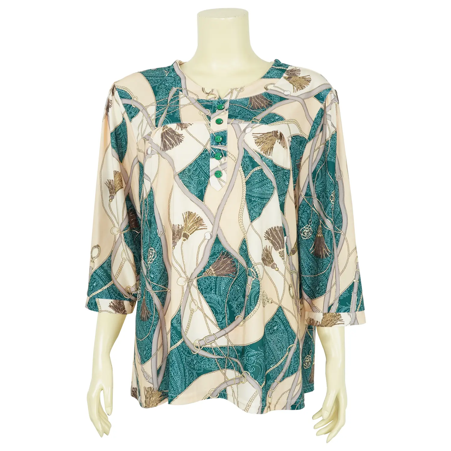 เสื้อสตรีคอกลม แขนกระบอก ยาว 4 ส่วน ผ้าพิมพ์ลาย แต่งขอบทองสไตล์วินเทจ - Image 2