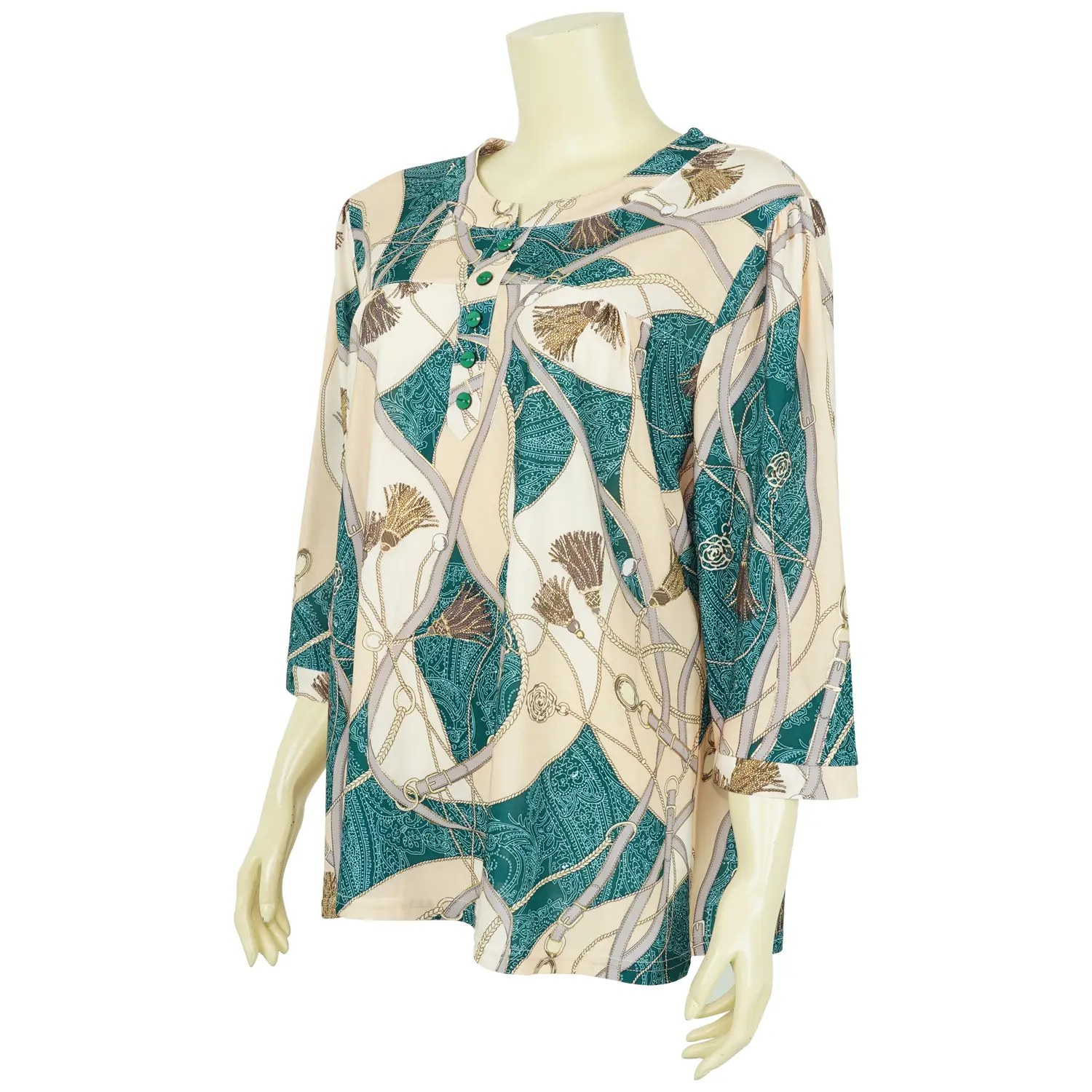 เสื้อสตรีคอกลม แขนกระบอก ยาว 4 ส่วน ผ้าพิมพ์ลาย แต่งขอบทองสไตล์วินเทจ - Image 4