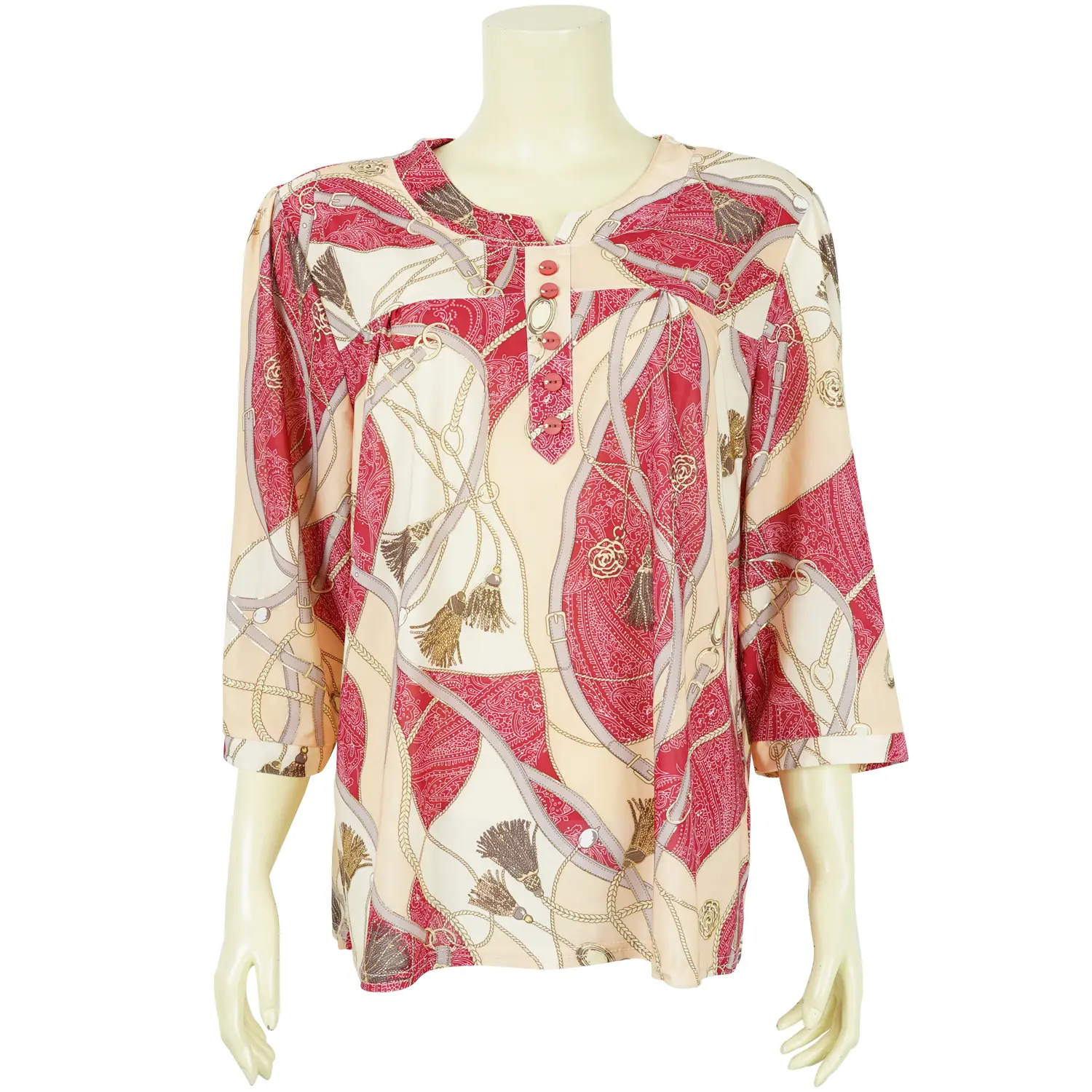 เสื้อสตรีคอกลม แขนกระบอก ยาว 4 ส่วน ผ้าพิมพ์ลาย แต่งขอบทองสไตล์วินเทจ - Image 5