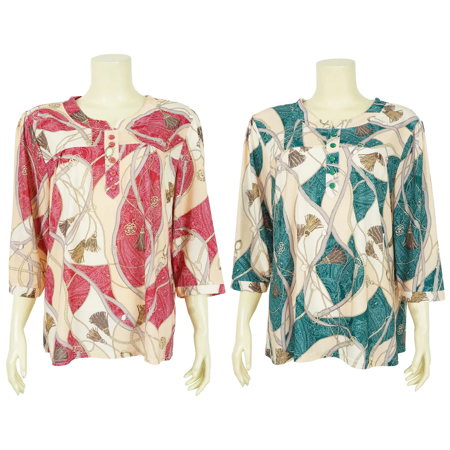 เสื้อสตรีคอกลม แขนกระบอก ยาว 4 ส่วน ผ้าพิมพ์ลาย แต่งขอบทองสไตล์วินเทจ - Image 6