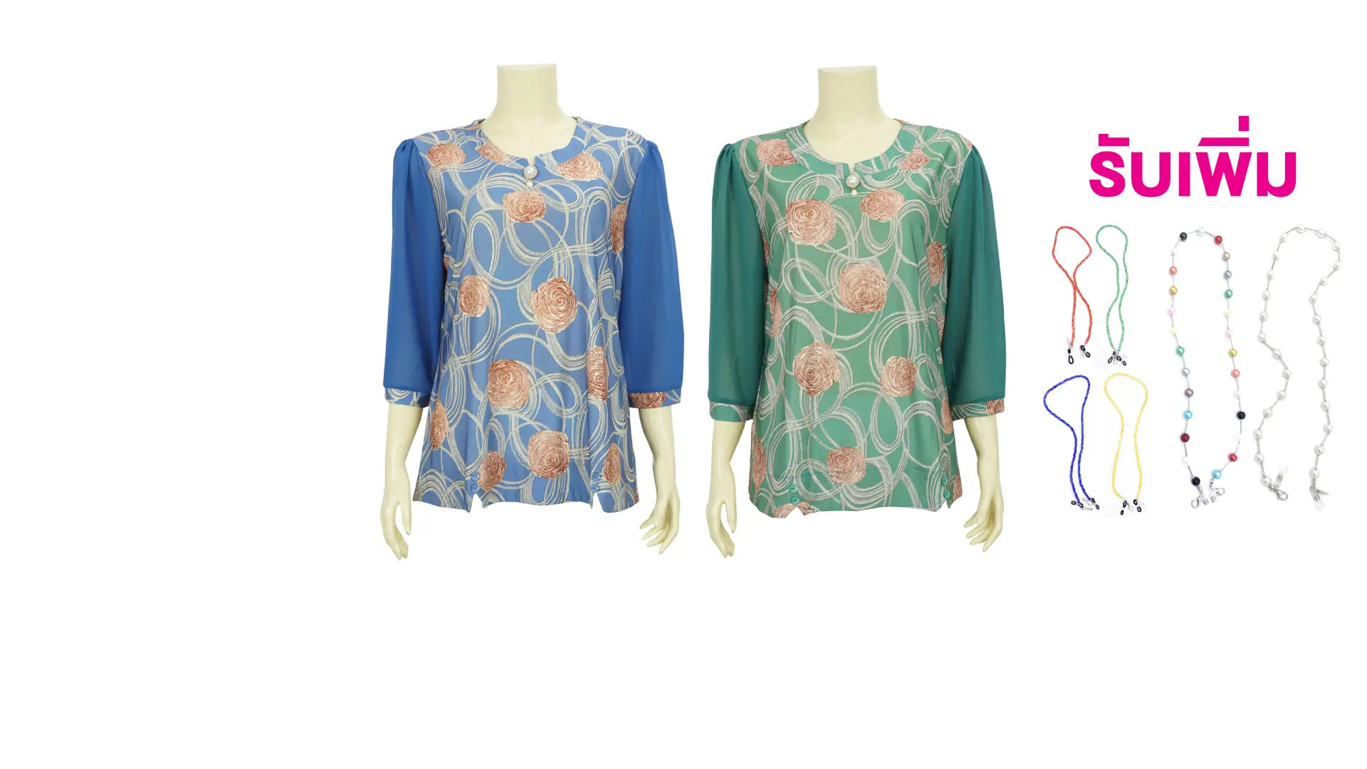 เสื้อสตรีคอกลม แขนกระบอก ยาว 4 ส่วน ผ้าพิมพ์ลาย ดอกกุหลาบแต่งขอบทอง - Image 7