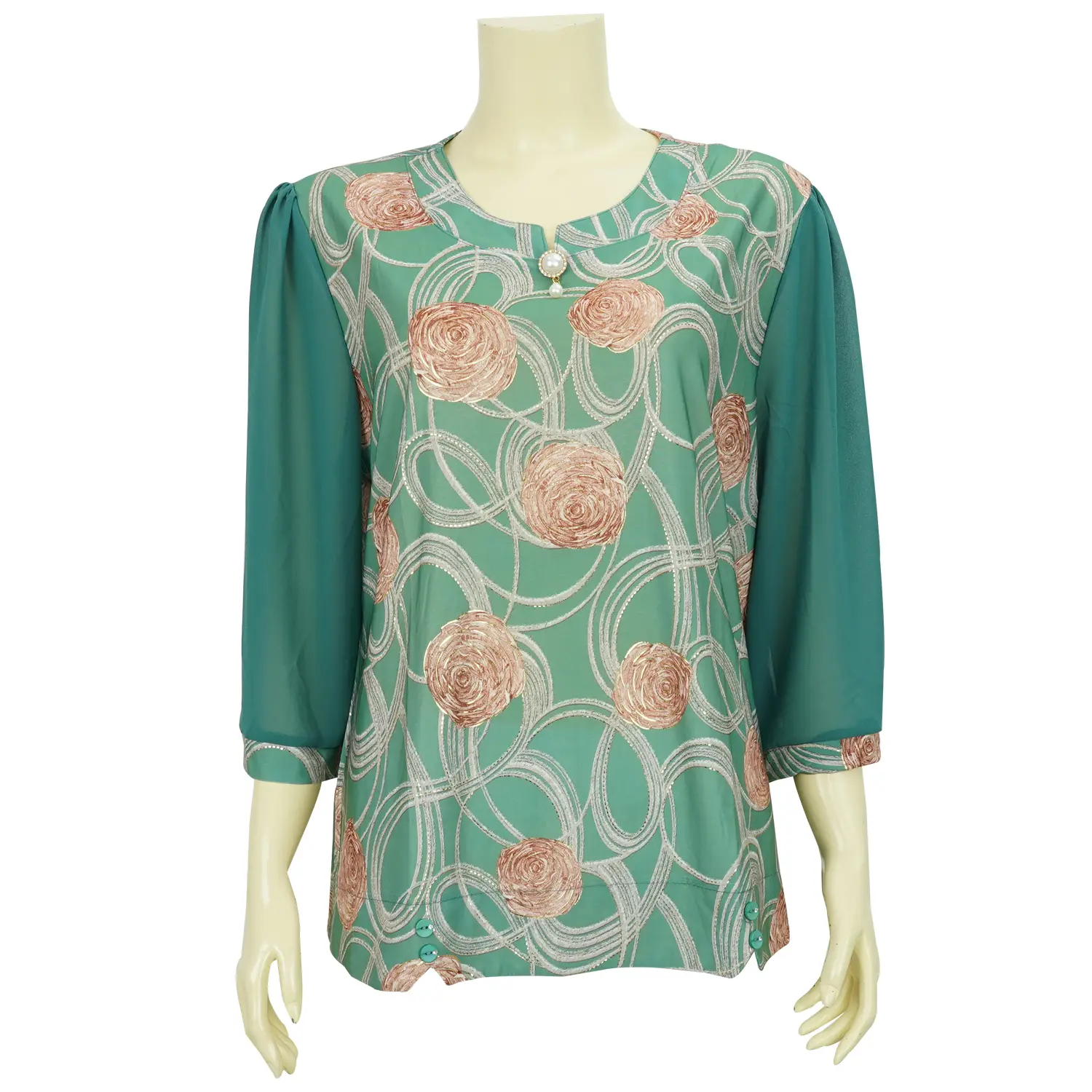 เสื้อสตรีคอกลม แขนกระบอก ยาว 4 ส่วน ผ้าพิมพ์ลาย ดอกกุหลาบแต่งขอบทอง - Image 5