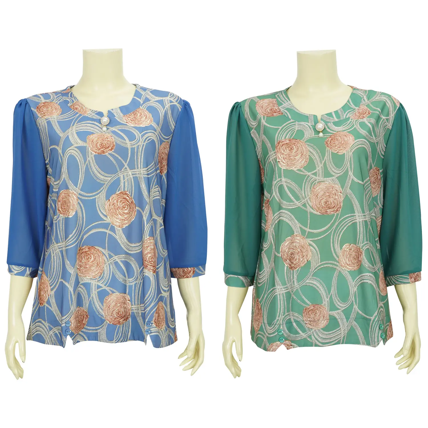 เสื้อสตรีคอกลม แขนกระบอก ยาว 4 ส่วน ผ้าพิมพ์ลาย ดอกกุหลาบแต่งขอบทอง - Image 6
