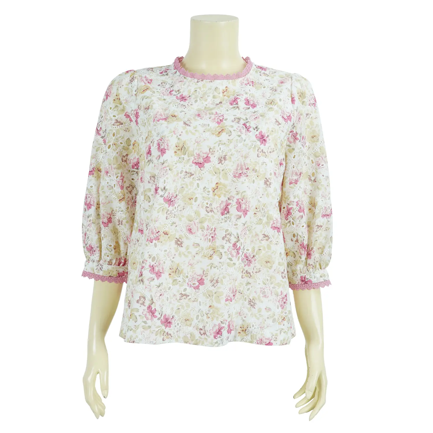 เสื้อคอกลม ผ้าคอตตอน ลายดอกไม้ แต่งปักฉลุลาย