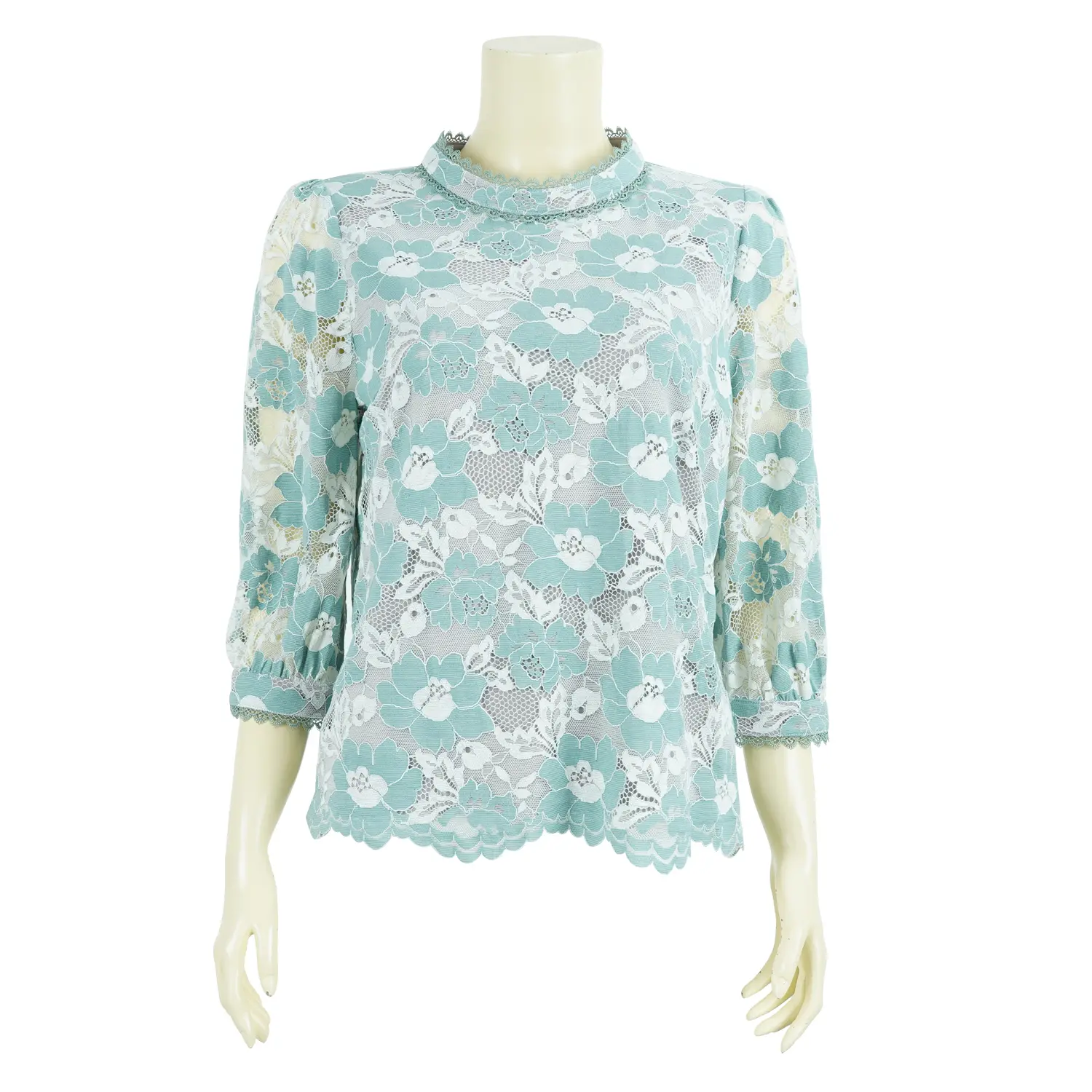 เสื้อคอตั้ง แขนพอง ผ้าลูกไม้ลายดอกไม้ สีทูโทน