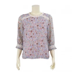 เสื้อคอกลม บ่าแต่งลูกไม้ สไตล์แร็กแลน  ผ้าชีฟองลายดอกไม้