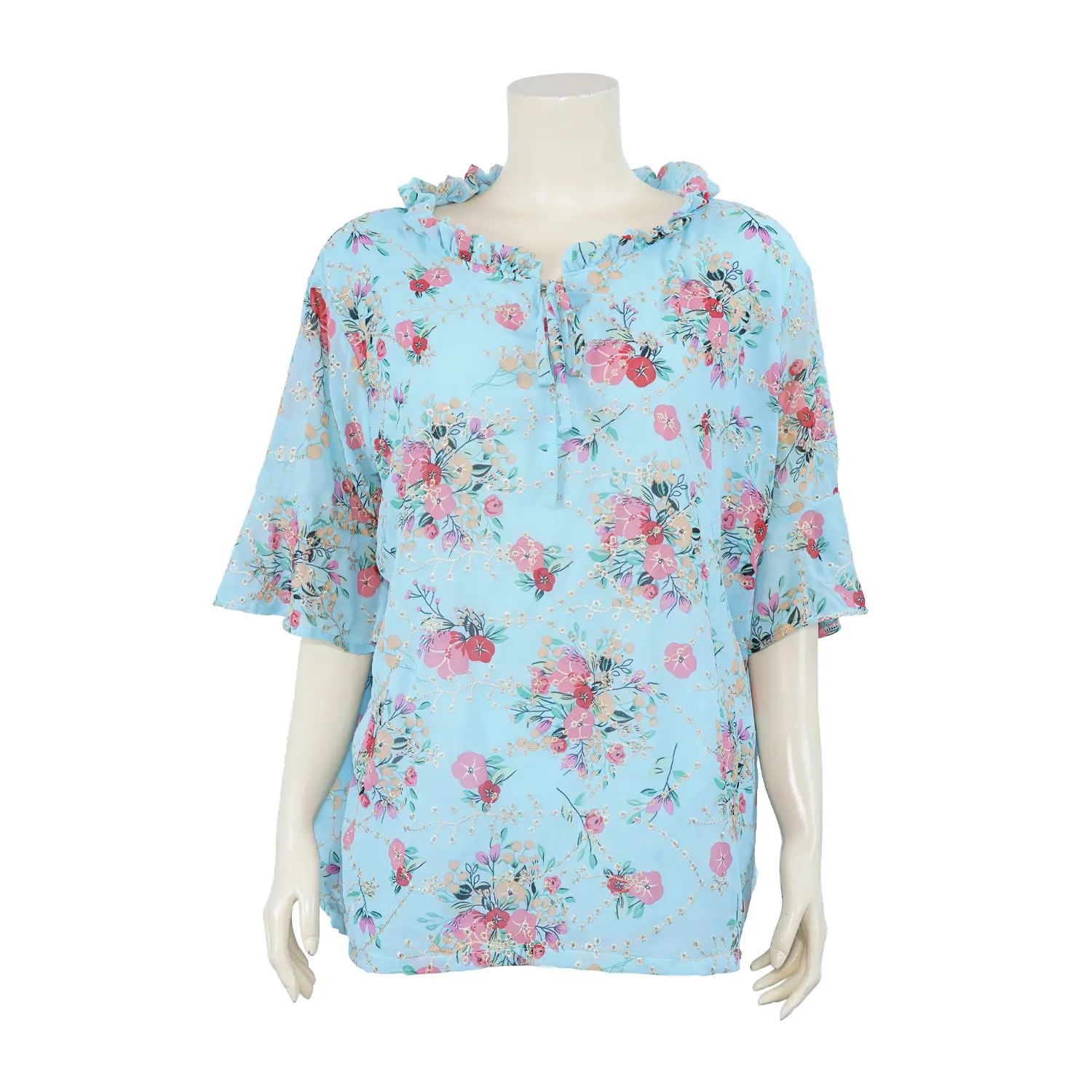 เซตเสื้อสตรีคอปาด เสริมระบาย แขนกระดิ่ง ผ้าชีฟองลายดอกไม้ (คละสี, สงวนสิทธิ์ ในการเลือก) - Image 2