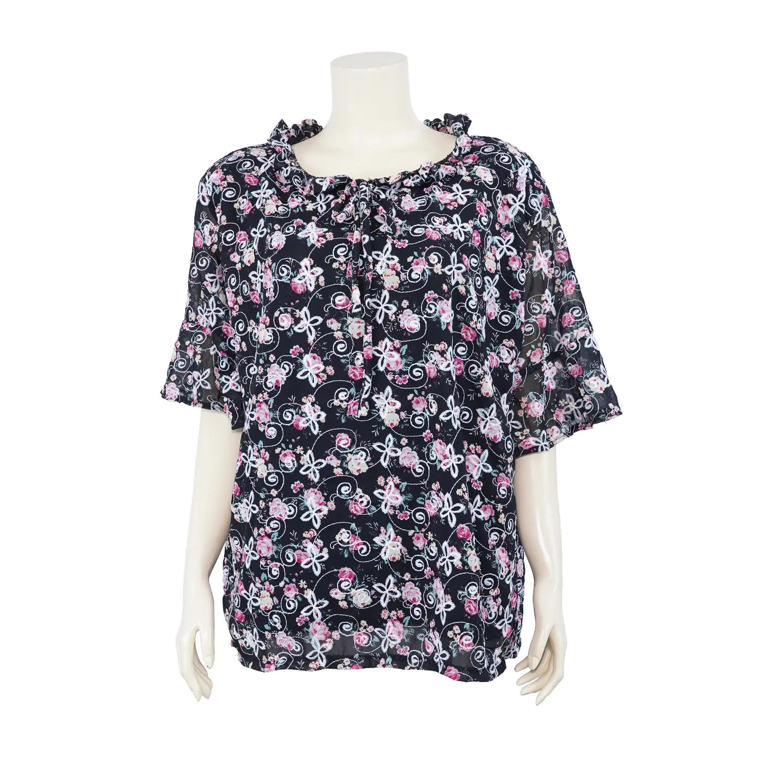 เซตเสื้อสตรีคอปาด เสริมระบาย แขนกระดิ่ง ผ้าชีฟองลายดอกไม้ (คละสี, สงวนสิทธิ์ ในการเลือก) - Image 3