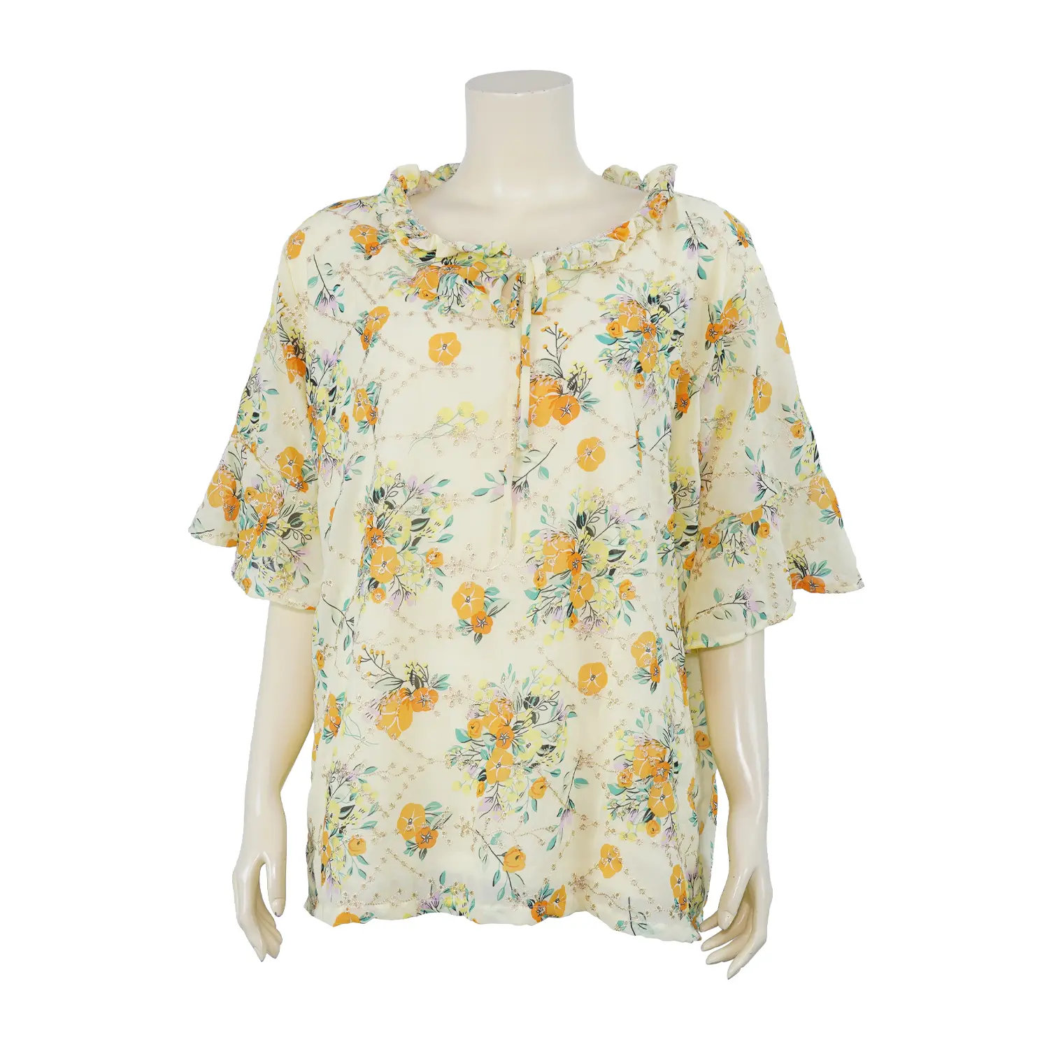 เซตเสื้อสตรีคอปาด เสริมระบาย แขนกระดิ่ง ผ้าชีฟองลายดอกไม้ (คละสี, สงวนสิทธิ์ ในการเลือก) - Image 4
