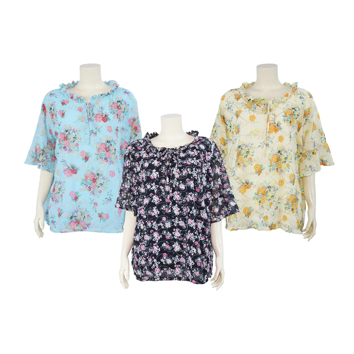 เซตเสื้อสตรีคอปาด เสริมระบาย แขนกระดิ่ง ผ้าชีฟองลายดอกไม้ (คละสี, สงวนสิทธิ์ ในการเลือก)
