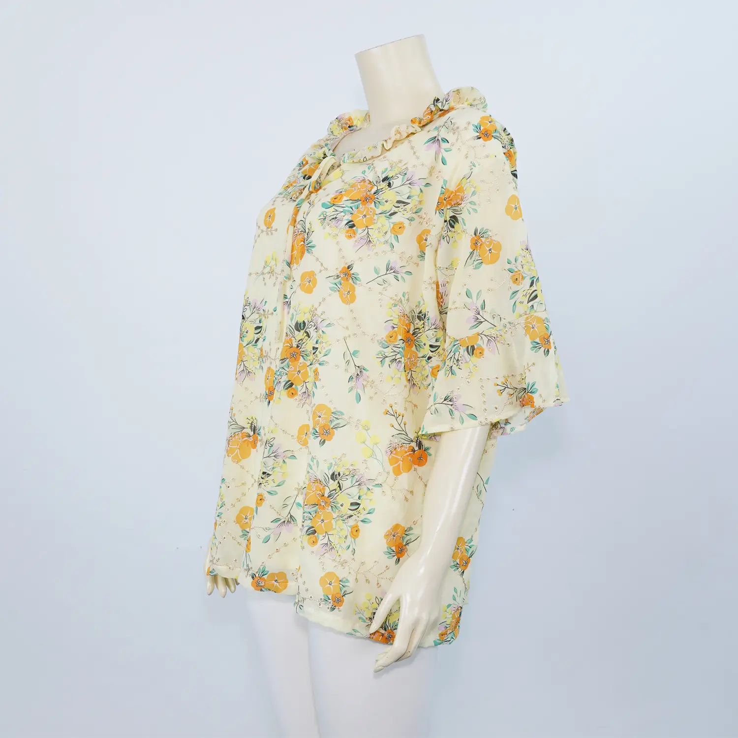 เซตเสื้อสตรีคอปาด เสริมระบาย แขนกระดิ่ง ผ้าชีฟองลายดอกไม้ (คละสี, สงวนสิทธิ์ ในการเลือก) - Image 5