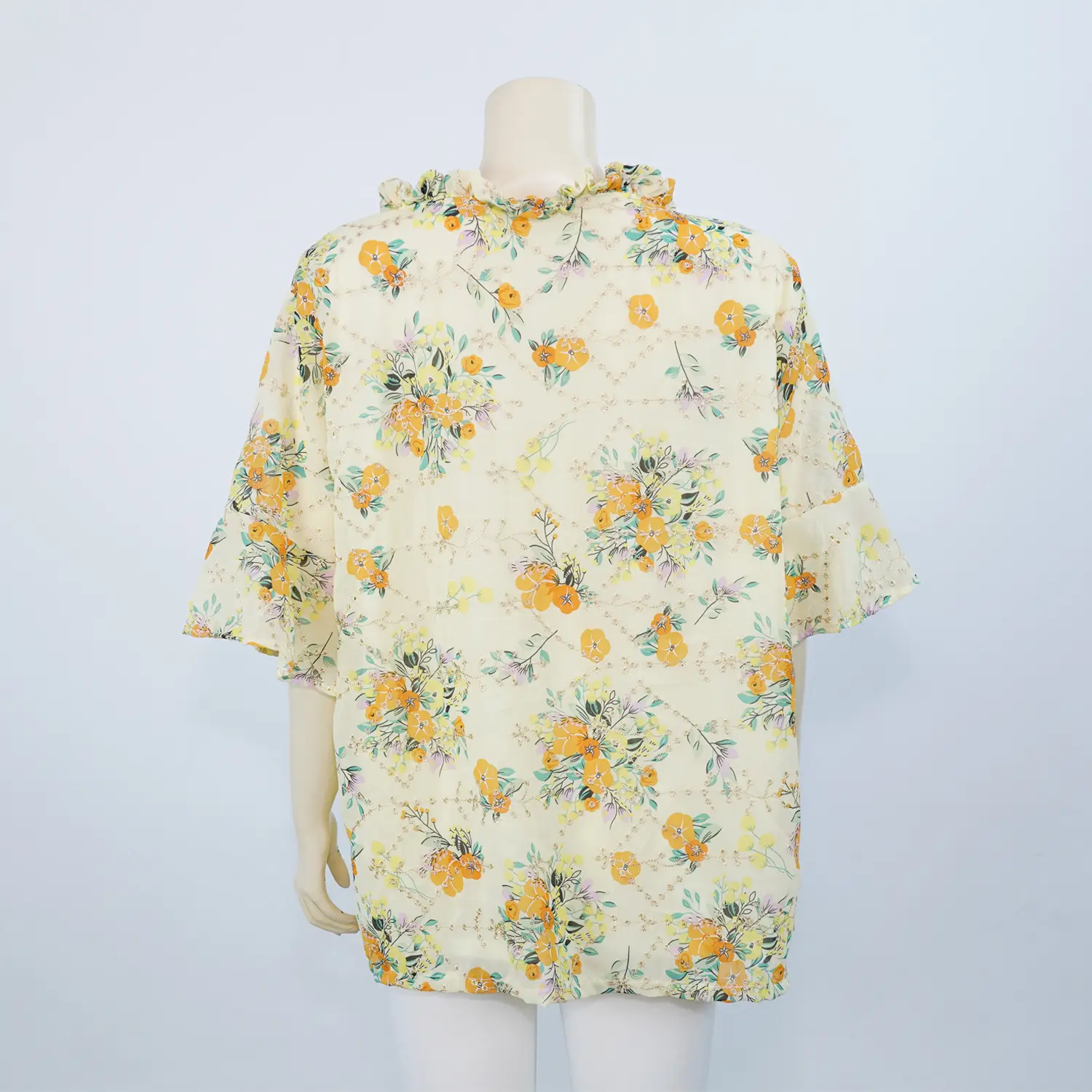เซตเสื้อสตรีคอปาด เสริมระบาย แขนกระดิ่ง ผ้าชีฟองลายดอกไม้ (คละสี, สงวนสิทธิ์ ในการเลือก) - Image 6