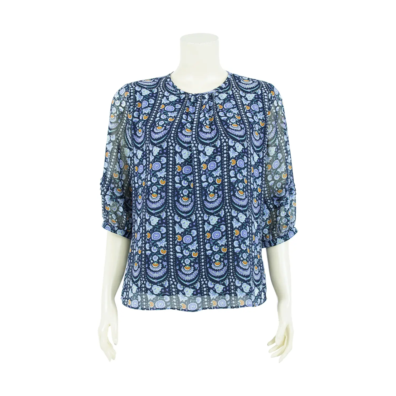 เสื้อคอกลม แขนพอง ผ้าชีฟองลายดอกไม้ สไตล์กราฟิก