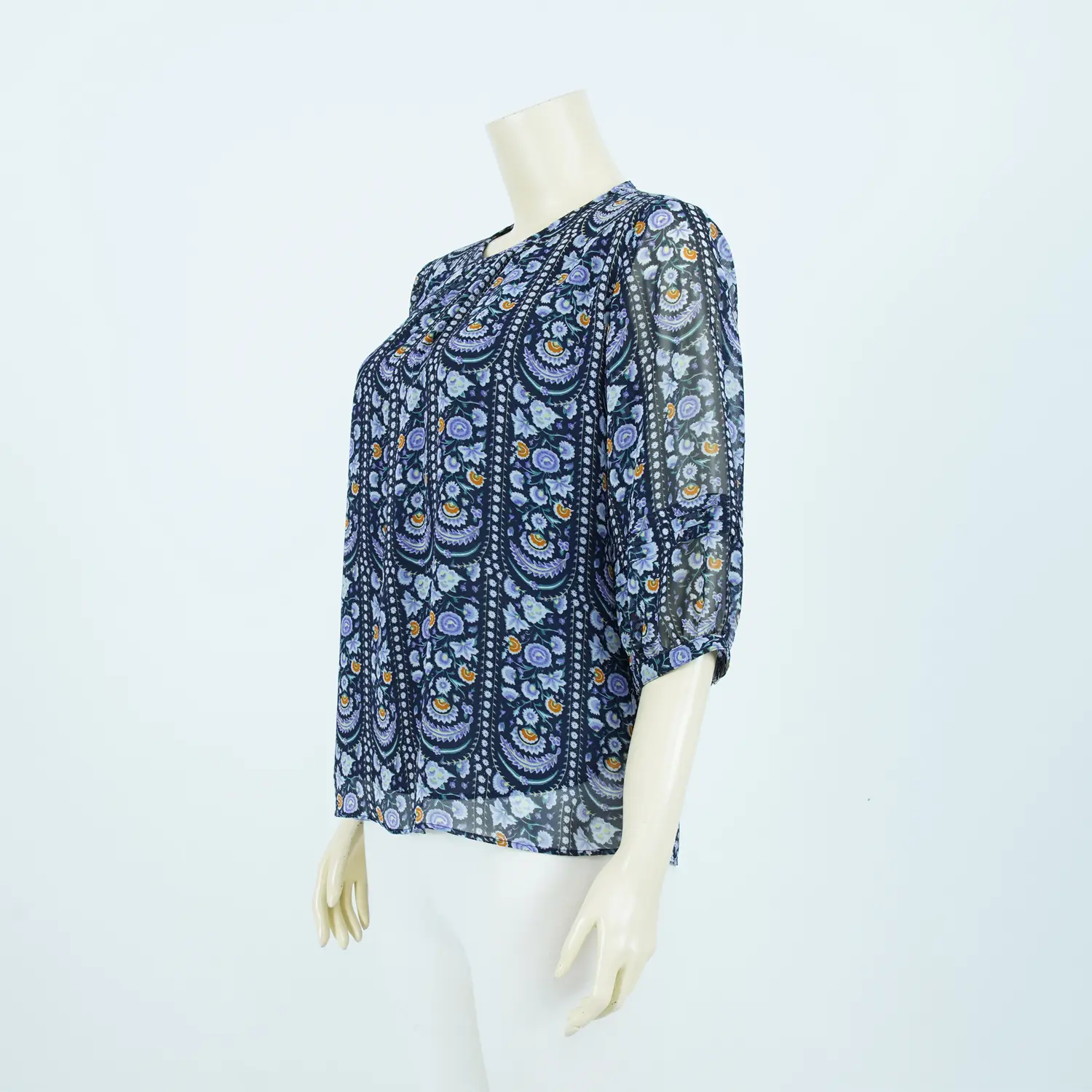 เสื้อคอกลม แขนพอง ผ้าชีฟองลายดอกไม้ สไตล์กราฟิก - Image 2
