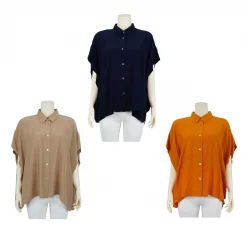 เสื้อคอปก ผ่าหน้า แขนสั้นทรงแขนล้ำ ผ้าเรยองคูปราสีพื้น