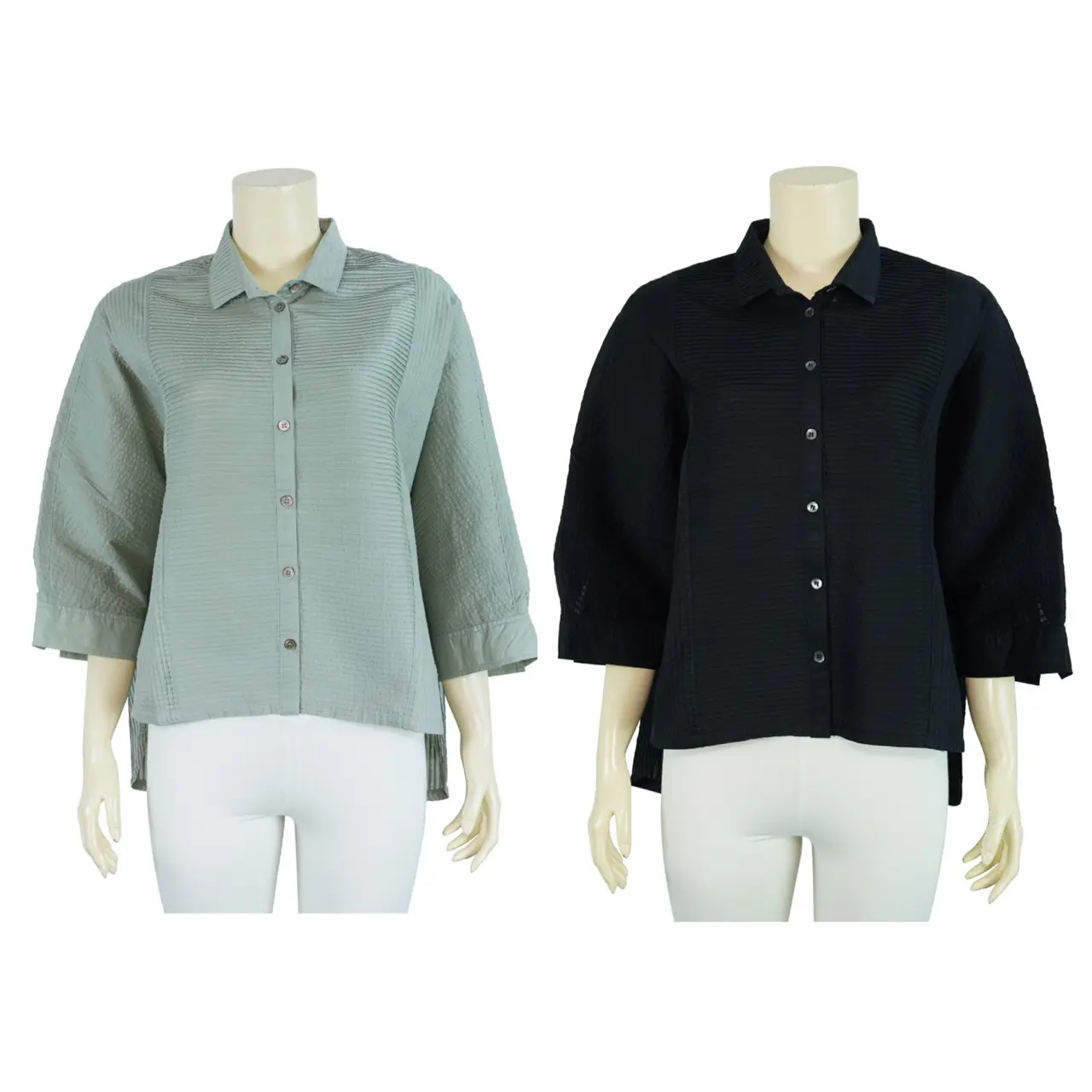 เสื้อปกเชิ้ตผ้าตีเกล็ด แขนปีกค้างคาว ดีไซน์หน้าสั้นหลังยาว