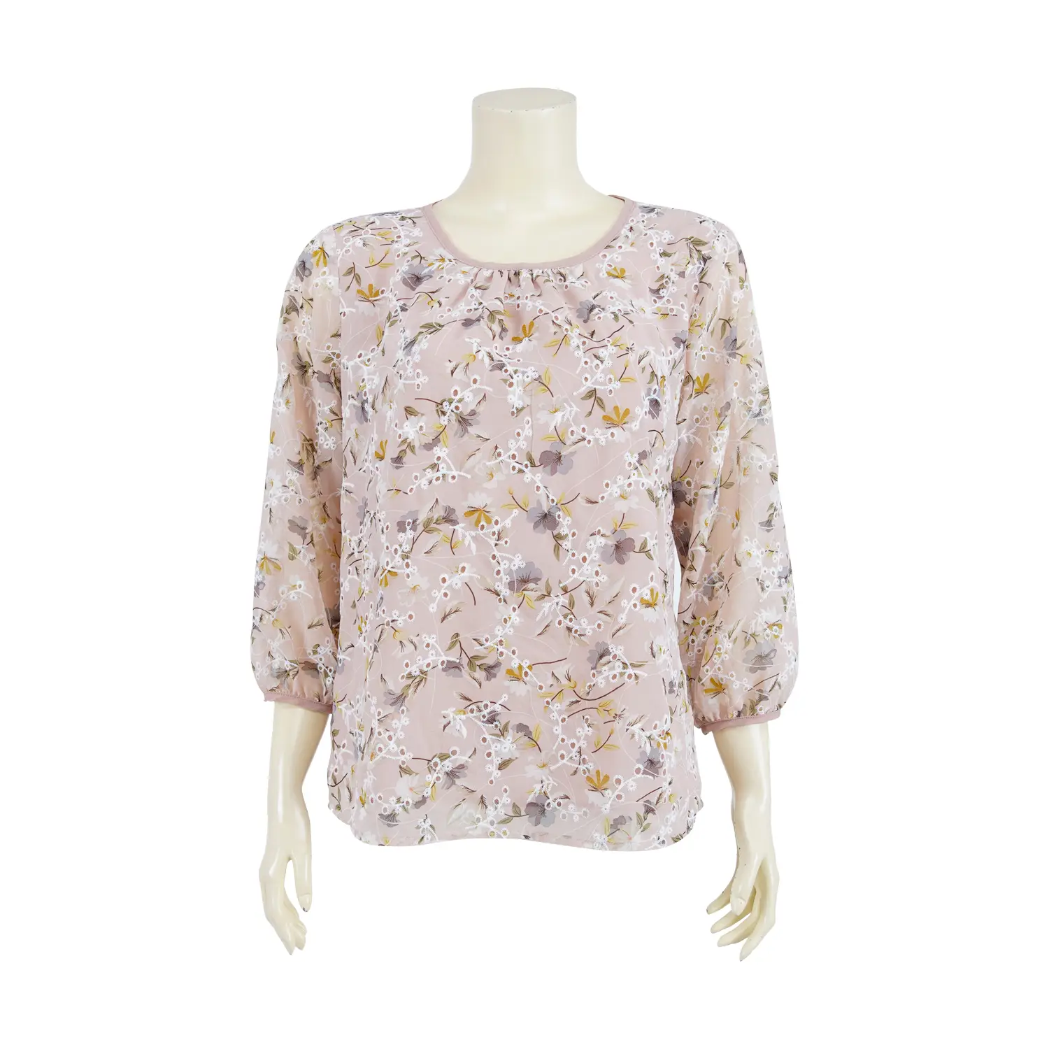 เสื้อคอกลม ผ้าชีฟองลายดอกไม้ แต่งลายปักฉลุ