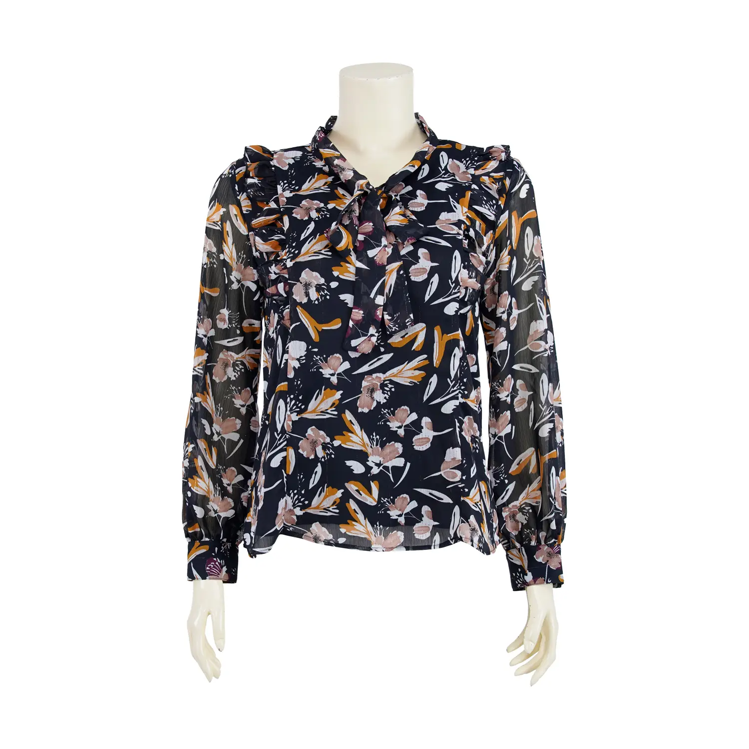 เสื้อคอกลม มีโบว์ผูก ผ้าชีฟองลายดอกไม้ แต่งระบายช่วงบ่าหน้า