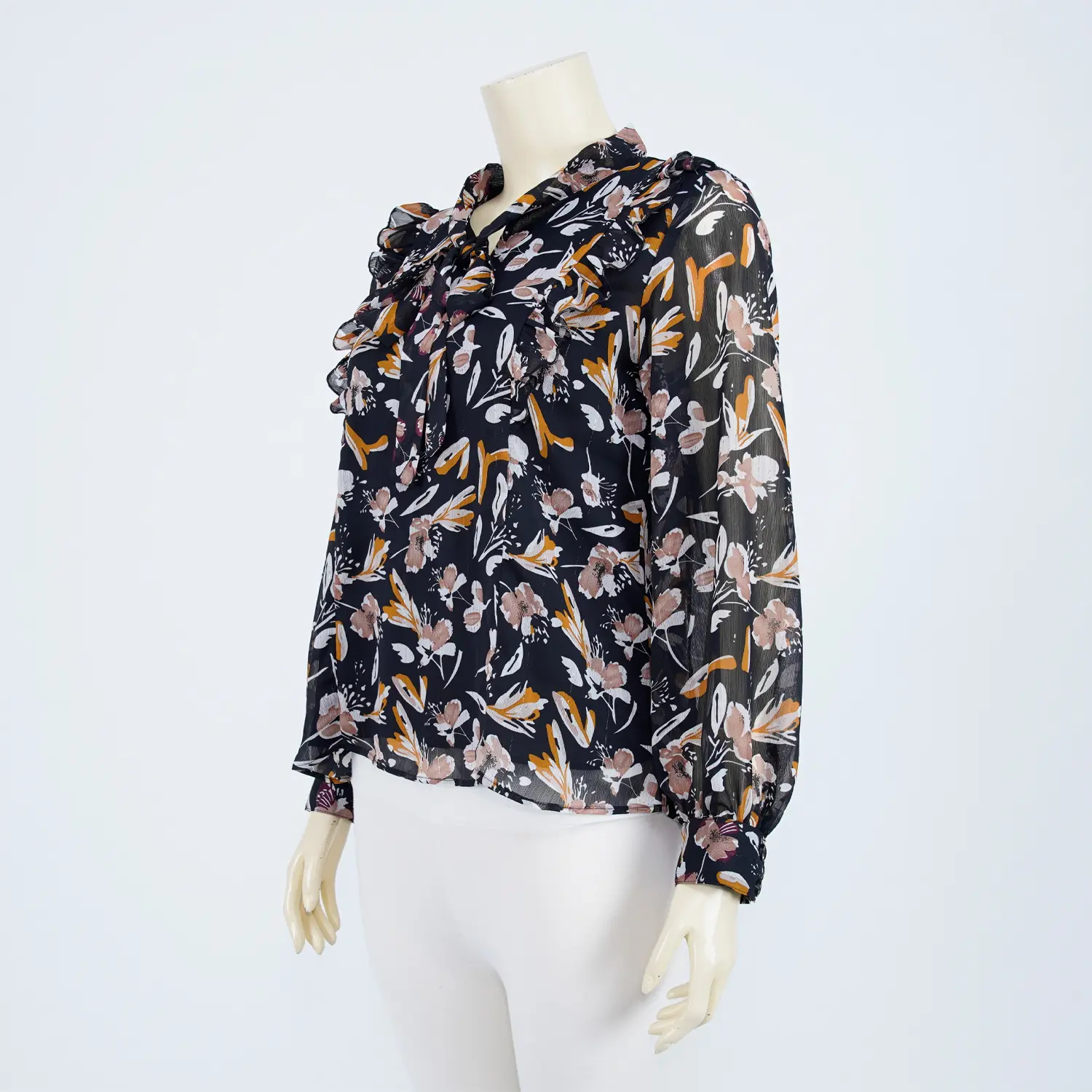 เสื้อคอกลม มีโบว์ผูก ผ้าชีฟองลายดอกไม้ แต่งระบายช่วงบ่าหน้า - Image 2