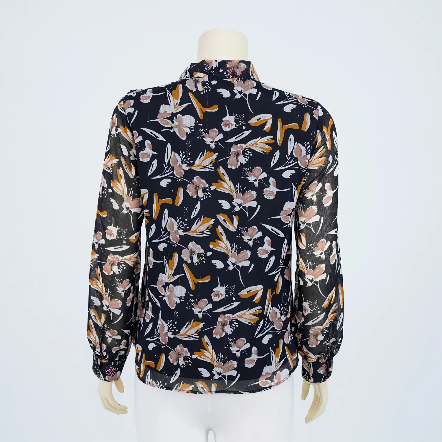 เสื้อคอกลม มีโบว์ผูก ผ้าชีฟองลายดอกไม้ แต่งระบายช่วงบ่าหน้า - Image 3