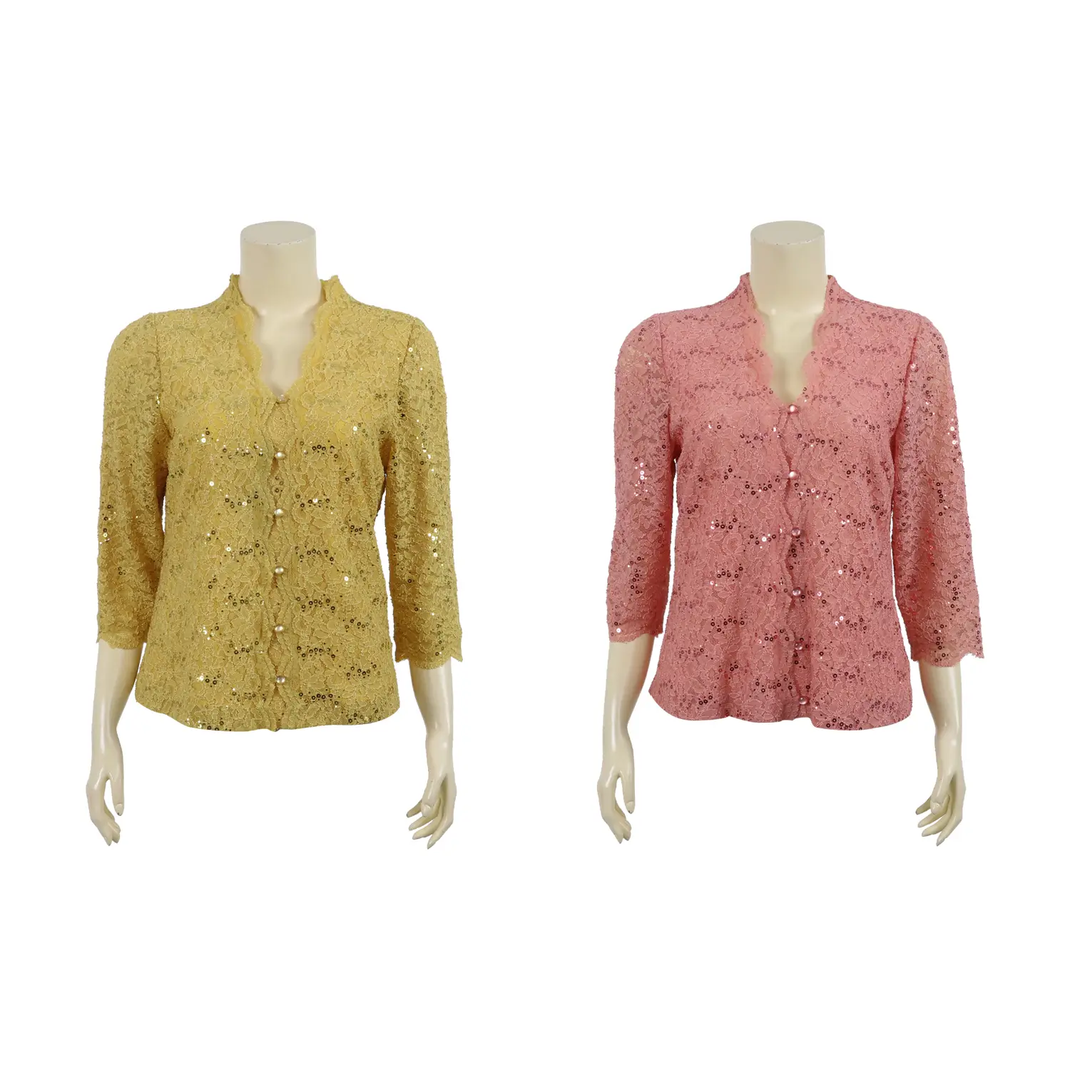 เสื้อคอปีน แขนยาว 4 ส่วน ผ้าลูกไม้แฟนซี ลายดอกไม้แต่งเลื่อม