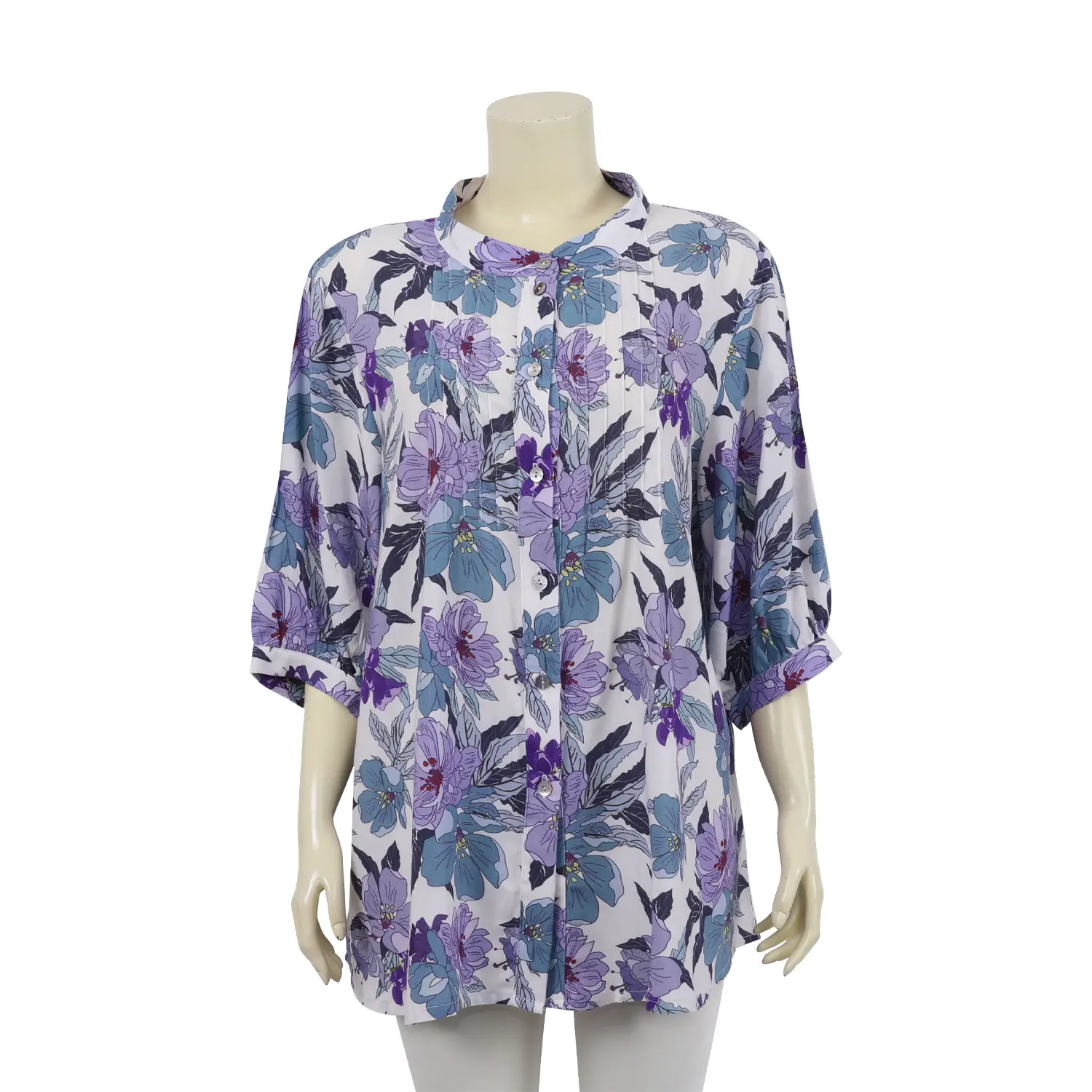 เสื้อคอจีน ดีไซน์ผ่าหน้า แขนยาว 4 ส่วน ผ้าลายดอกไม้
