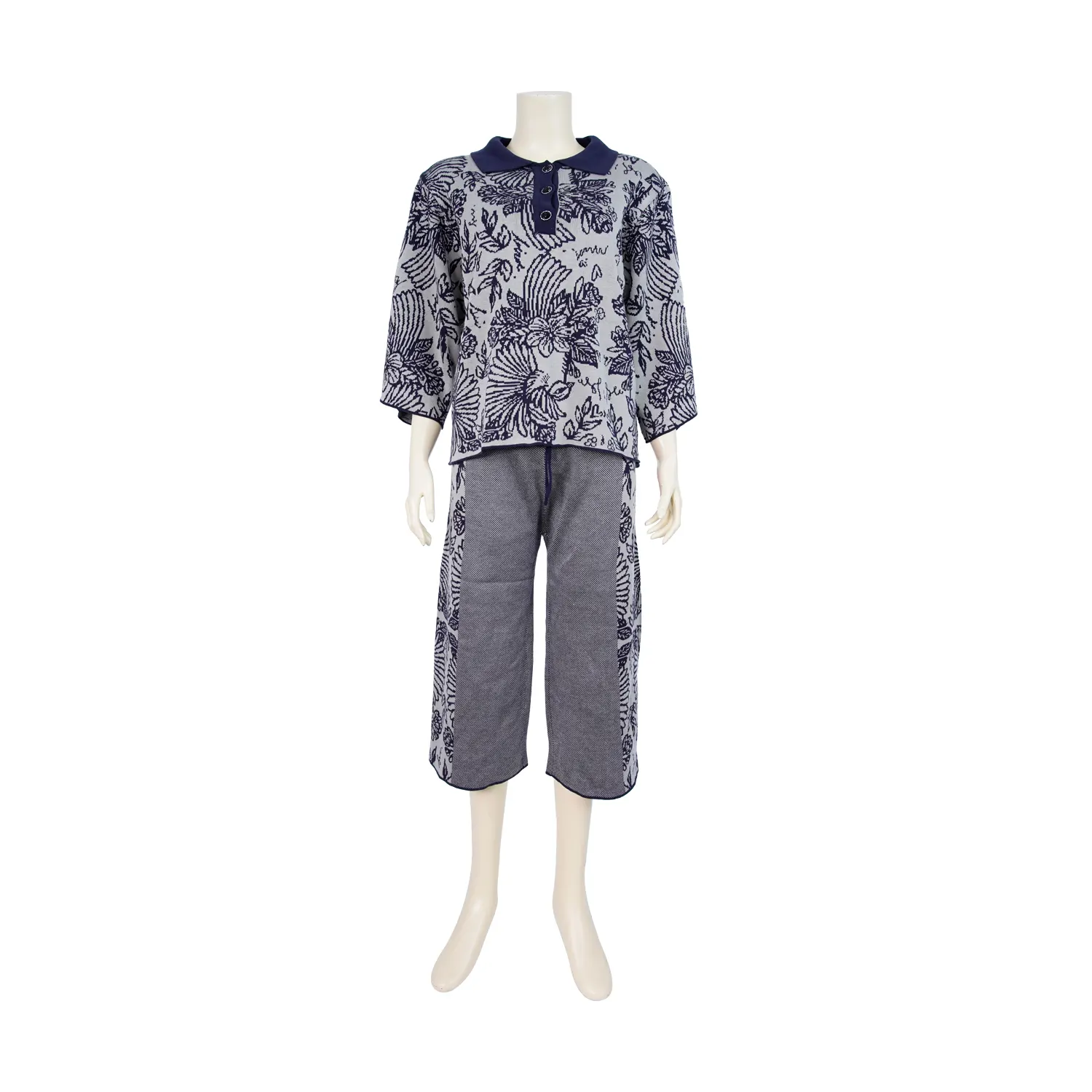 เซตเสื้อคอปก แขนกระบอก และกางเกง ขากระบอก ผ้าทอลาย นกแก้วฟอพัส - Image 3