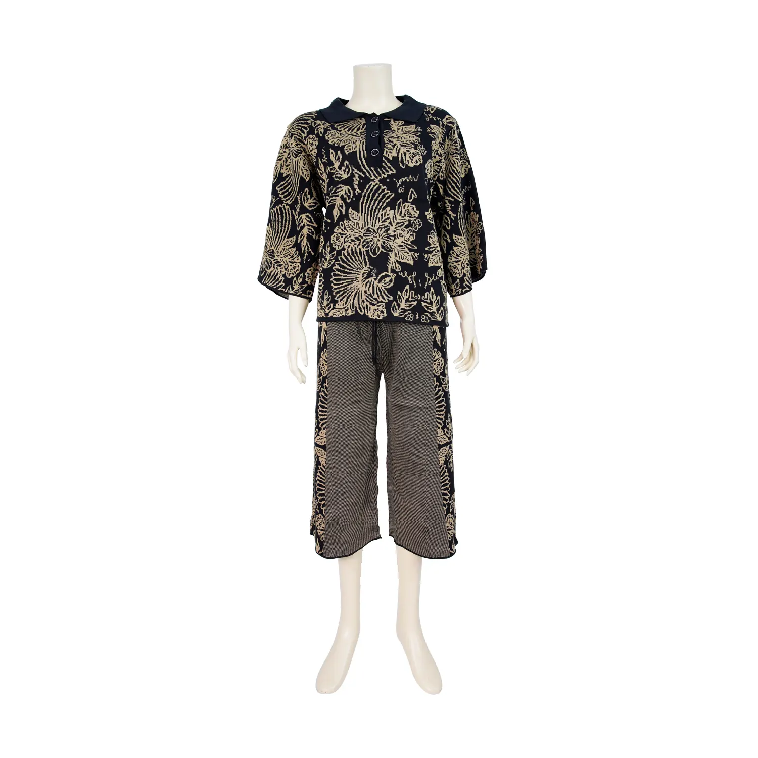 เซตเสื้อคอปก แขนกระบอก และกางเกง ขากระบอก ผ้าทอลาย นกแก้วฟอพัส - Image 4