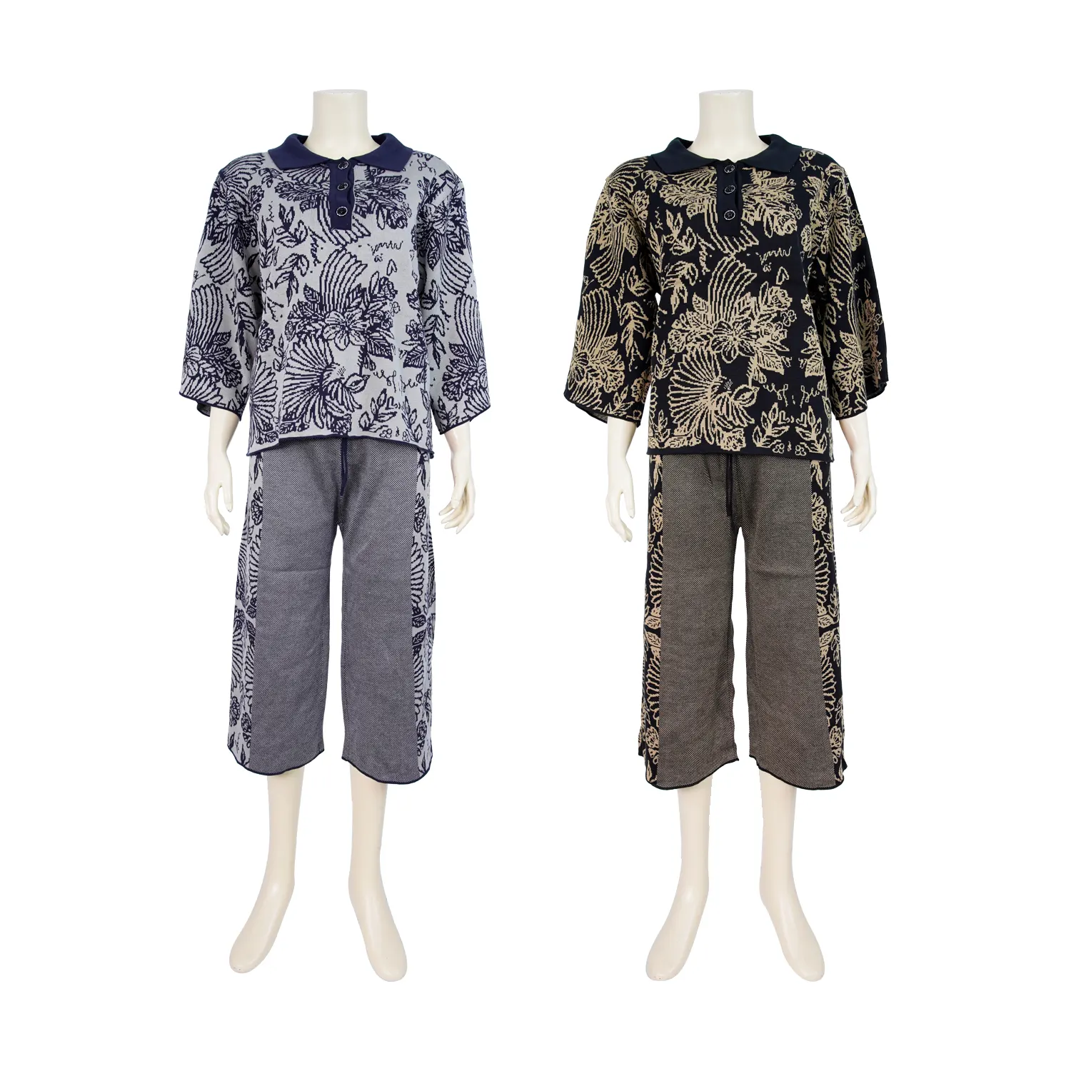 เซตเสื้อคอปก แขนกระบอก และกางเกง ขากระบอก ผ้าทอลาย นกแก้วฟอพัส