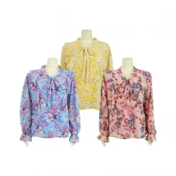 เซตเสื้อคอวี ขอบคอตั้ง ทิ้งชายผูกโบว์ เสริมระบาย ผ้าชีฟองลายดอกไม้ (3 ตัว)