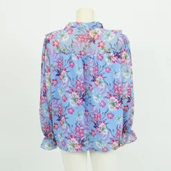 เซตเสื้อคอวี ขอบคอตั้ง ทิ้งชายผูกโบว์ เสริมระบาย ผ้าชีฟองลายดอกไม้ (3 ตัว) - Image 6