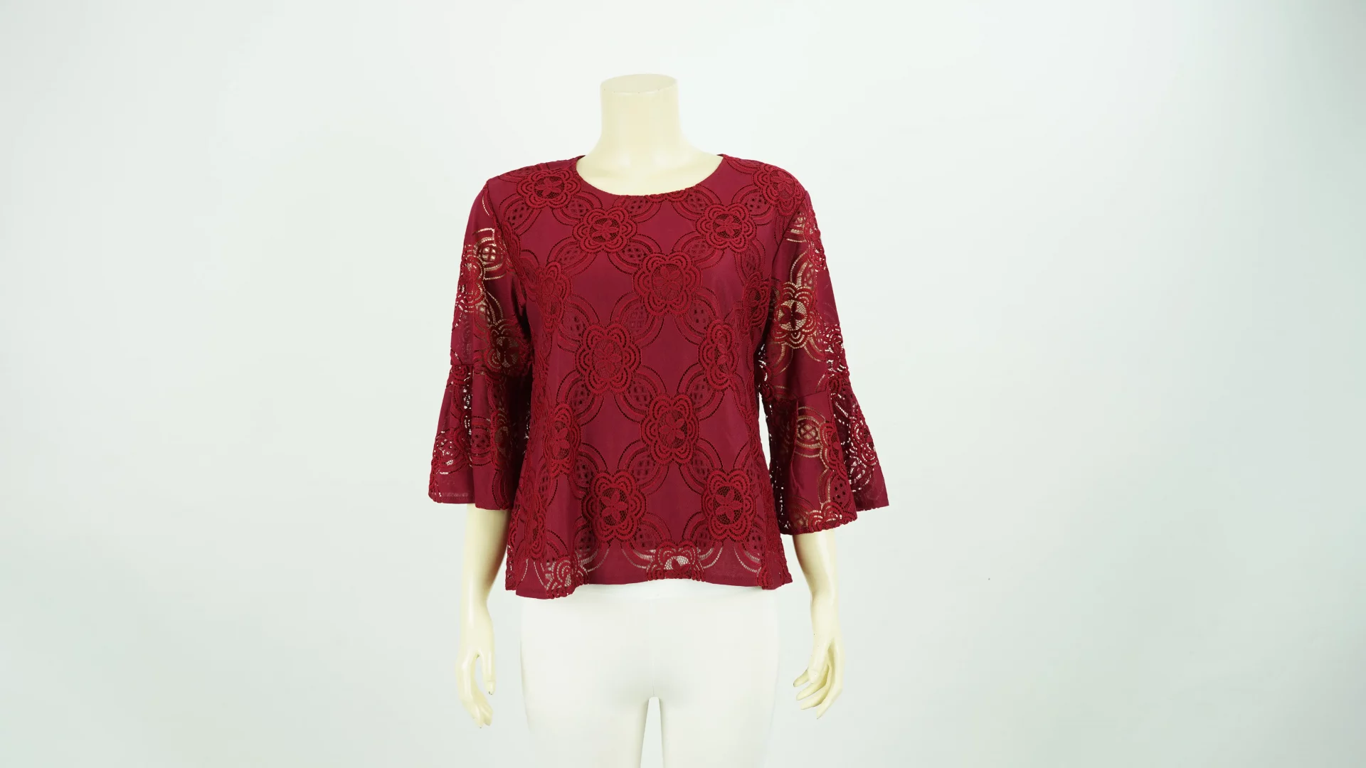 เสื้อคอปาด ผ้าลูกไม้ลายตาราง และดอกไม้ ปลายแขนทรงกระดิ่ง - Image 3