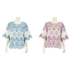 เสื้อสตรีผ้าสีพื้น แต่ง ผ้าลูกไม้และลายปัก  แขนบานทรงกระดิ่ง  ดีไซน์ชาย 2 ชั้น