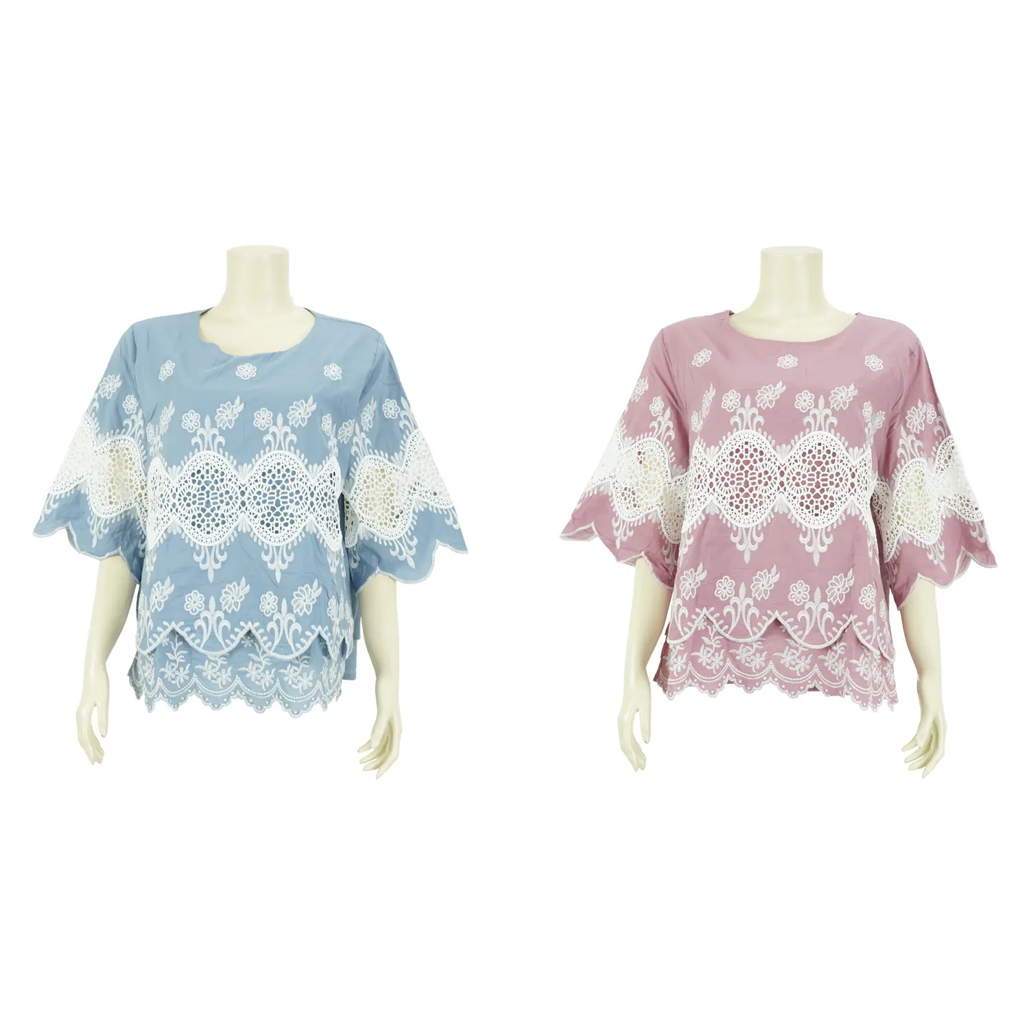 เสื้อสตรีผ้าสีพื้น แต่ง ผ้าลูกไม้และลายปัก แขนบานทรงกระดิ่ง ดีไซน์ชาย 2 ชั้น
