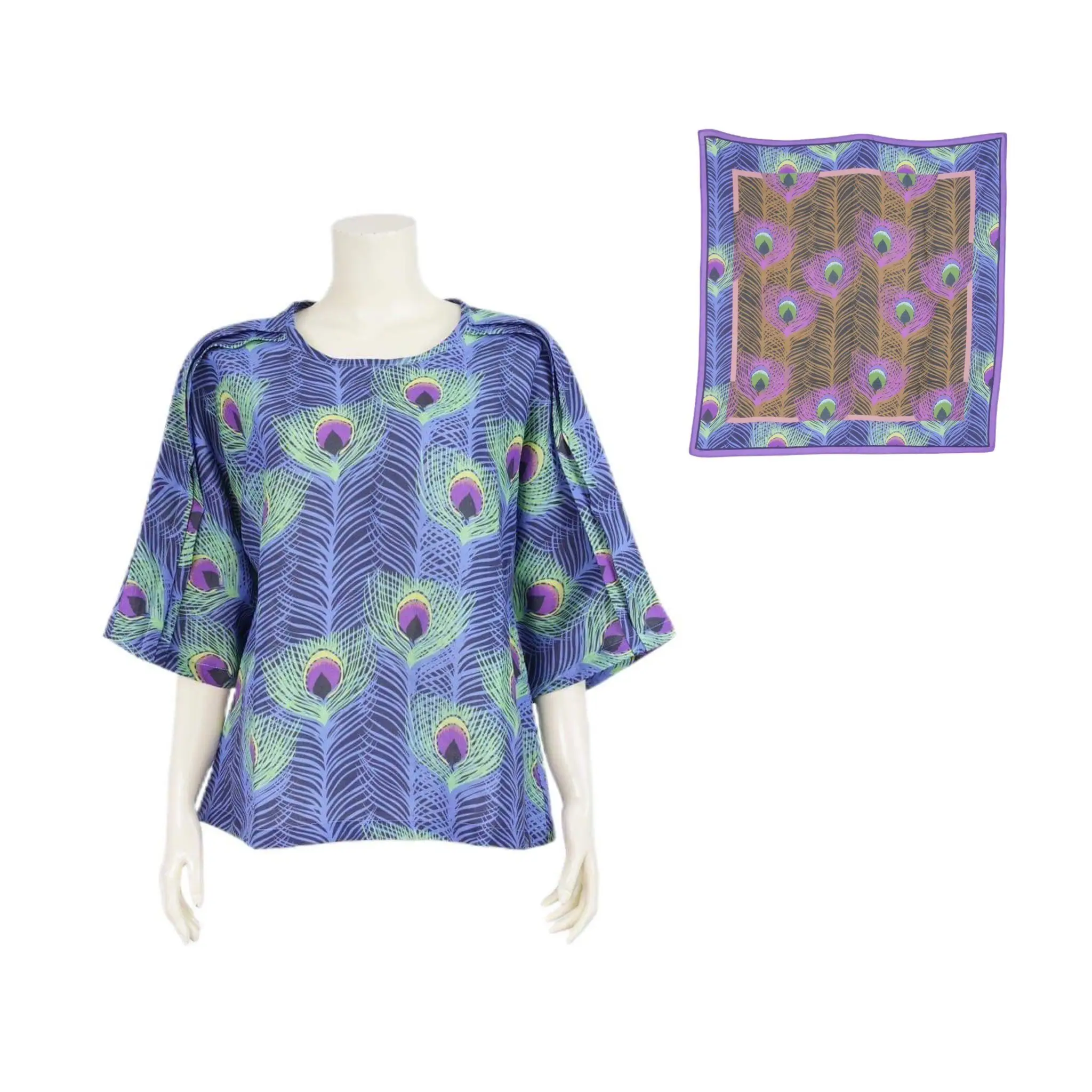 เซตเสื้อคอปาด แขนในตัว 4 ส่วน ผ้าลินินลายหางนกยูง และผ้าคลุมไหล่