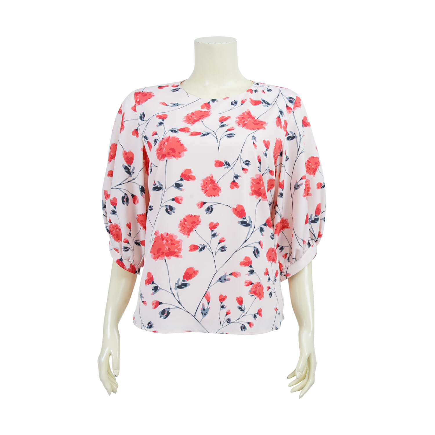 เสื้อคอกลม แขนพอง ปลายแขนมุมสามเหลี่ยม ผ้าลายดอกไม้