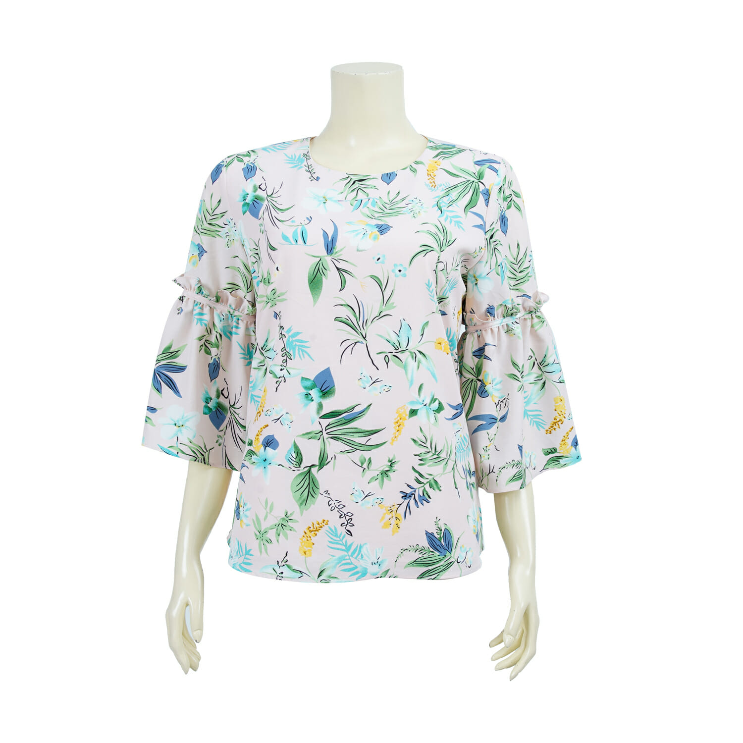 เสื้อคอกลม แขนกระบอก ปลายแขนบาน ยาว 4 ส่วน ผ้าลายใบไม้และดอกไม้