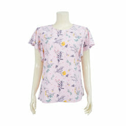 เสื้อคอกลม แขนกุด แต่งระบายคลุมไหล่ ผ้าลายดอกไม้และใบไม้
