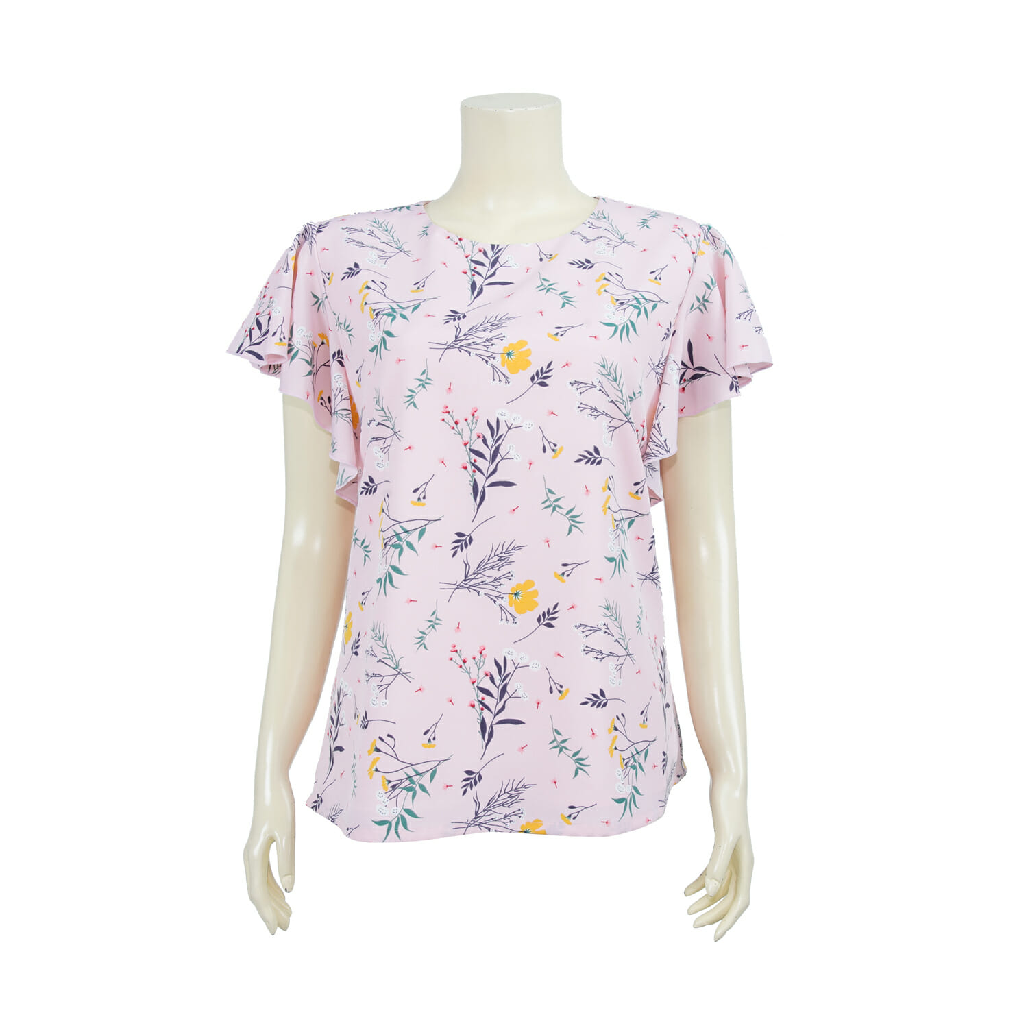 เสื้อคอกลม แขนกุด แต่งระบายคลุมไหล่ ผ้าลายดอกไม้และใบไม้