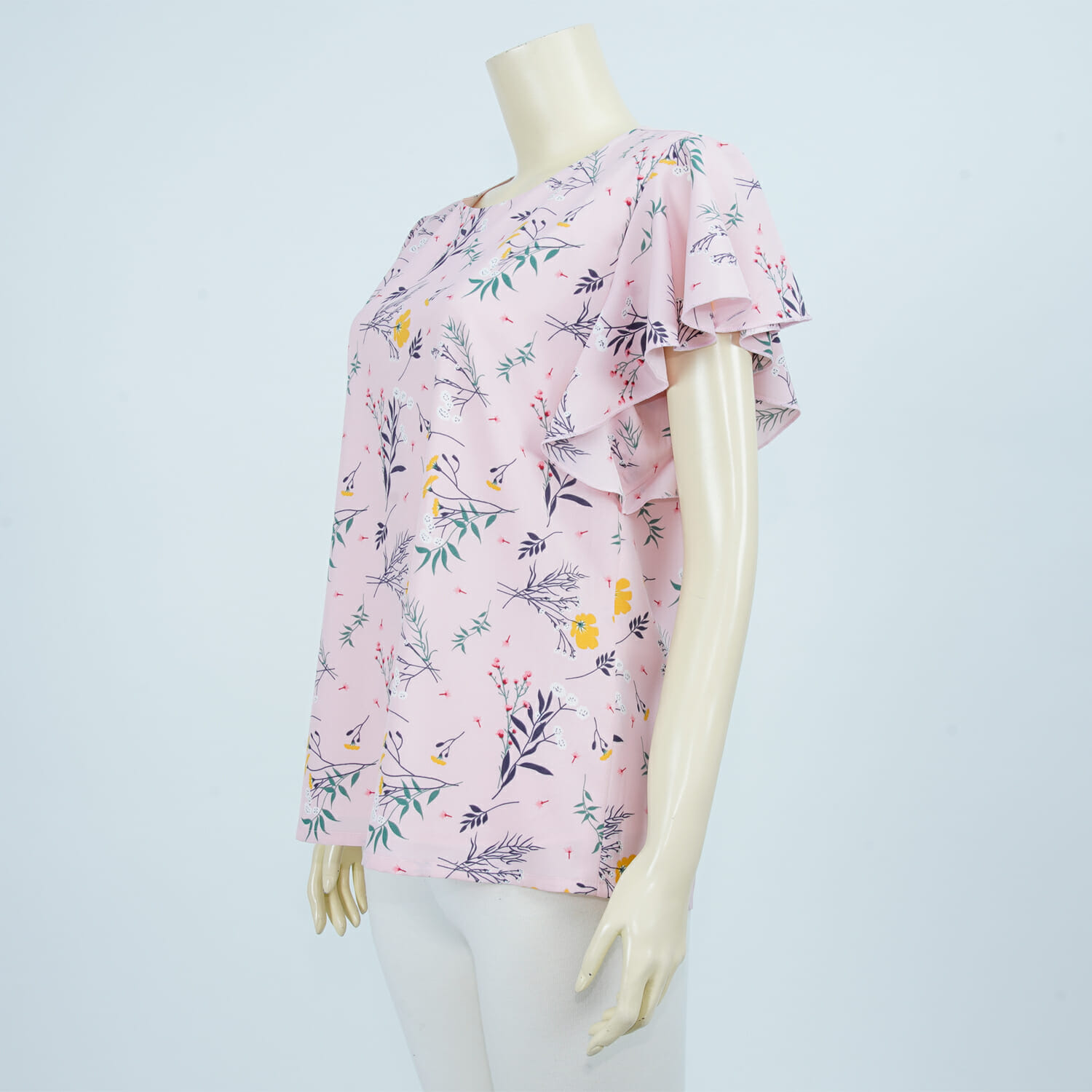 เสื้อคอกลม แขนกุด แต่งระบายคลุมไหล่ ผ้าลายดอกไม้และใบไม้ - Image 2