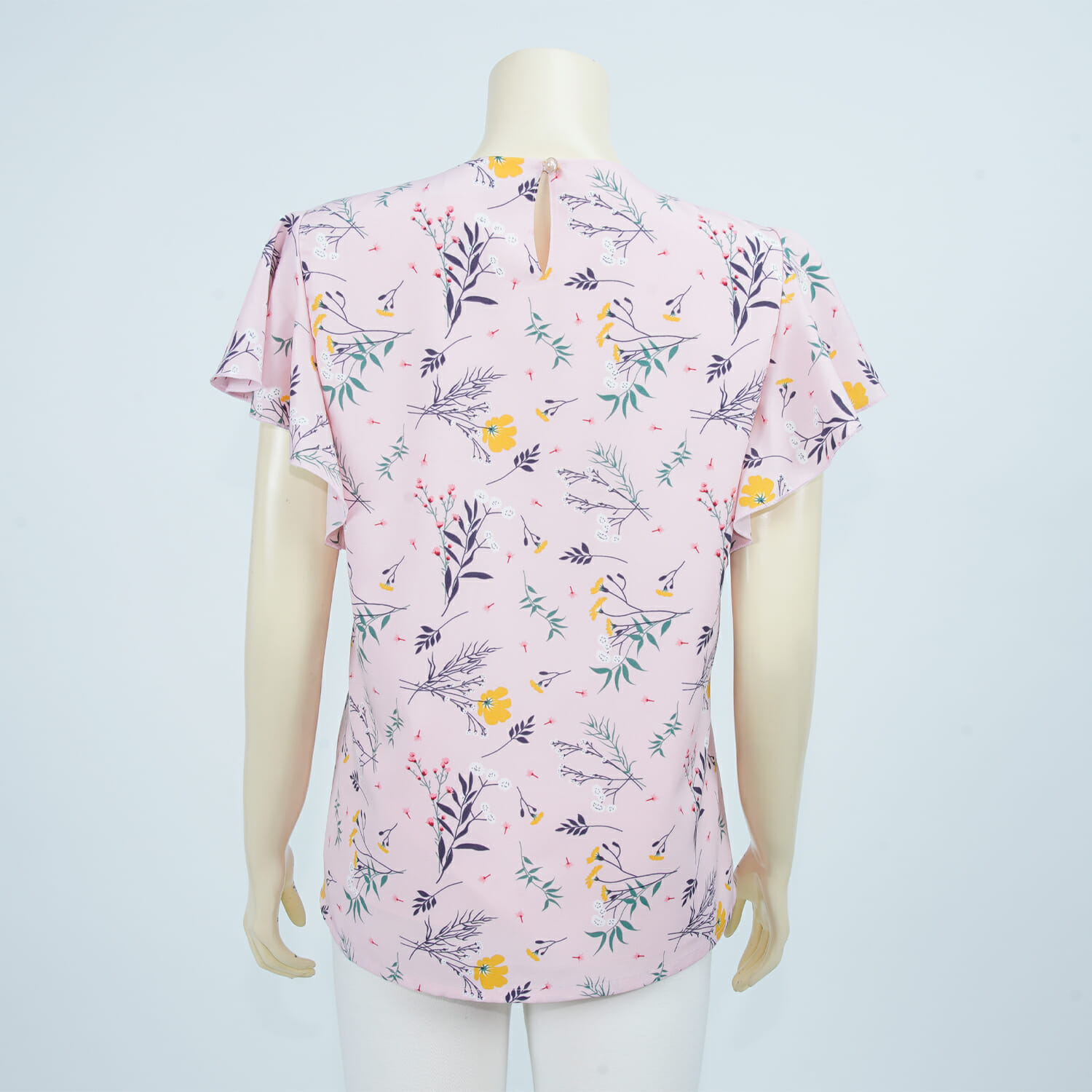 เสื้อคอกลม แขนกุด แต่งระบายคลุมไหล่ ผ้าลายดอกไม้และใบไม้ - Image 3
