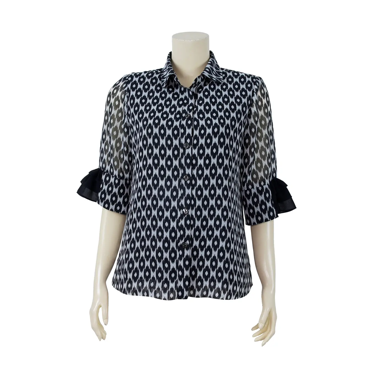 เสื้อคอปกเชิ้ต แขนกระบอก ตัดต่อปลายแขน แทรกระบาย 3 ชั้น ผ้าชีฟองลายกราฟิก สไตล์ลายไทย