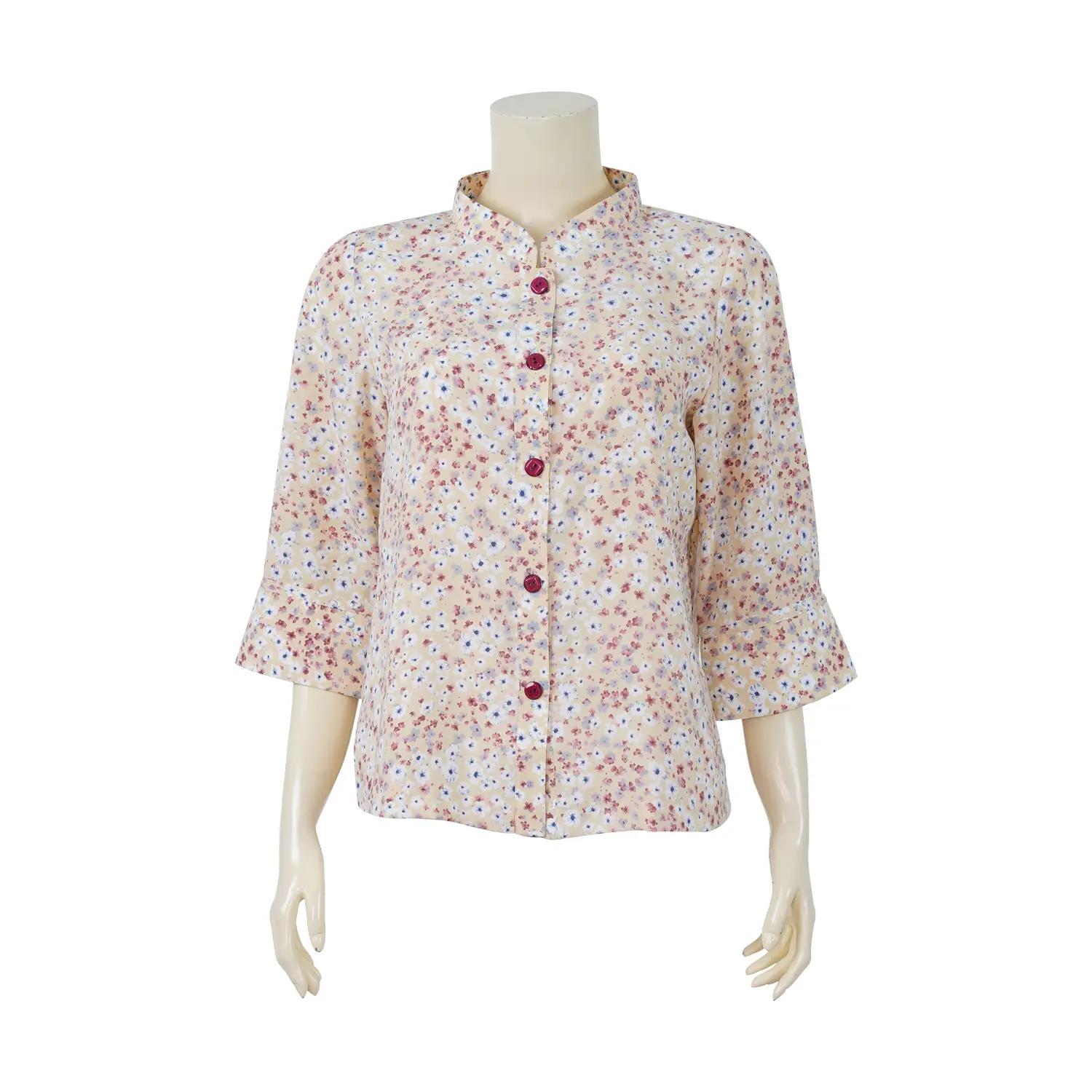 เสื้อคอตั้ง แขนกระบอก ผ้าลายดอกไม้