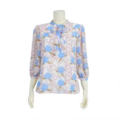 เสื้อคอกลม แต่งผ้าผูกโบว์ แขนกระบอก รูดเข้าขอบแขน ผ้าชีฟองลายดอกไม้